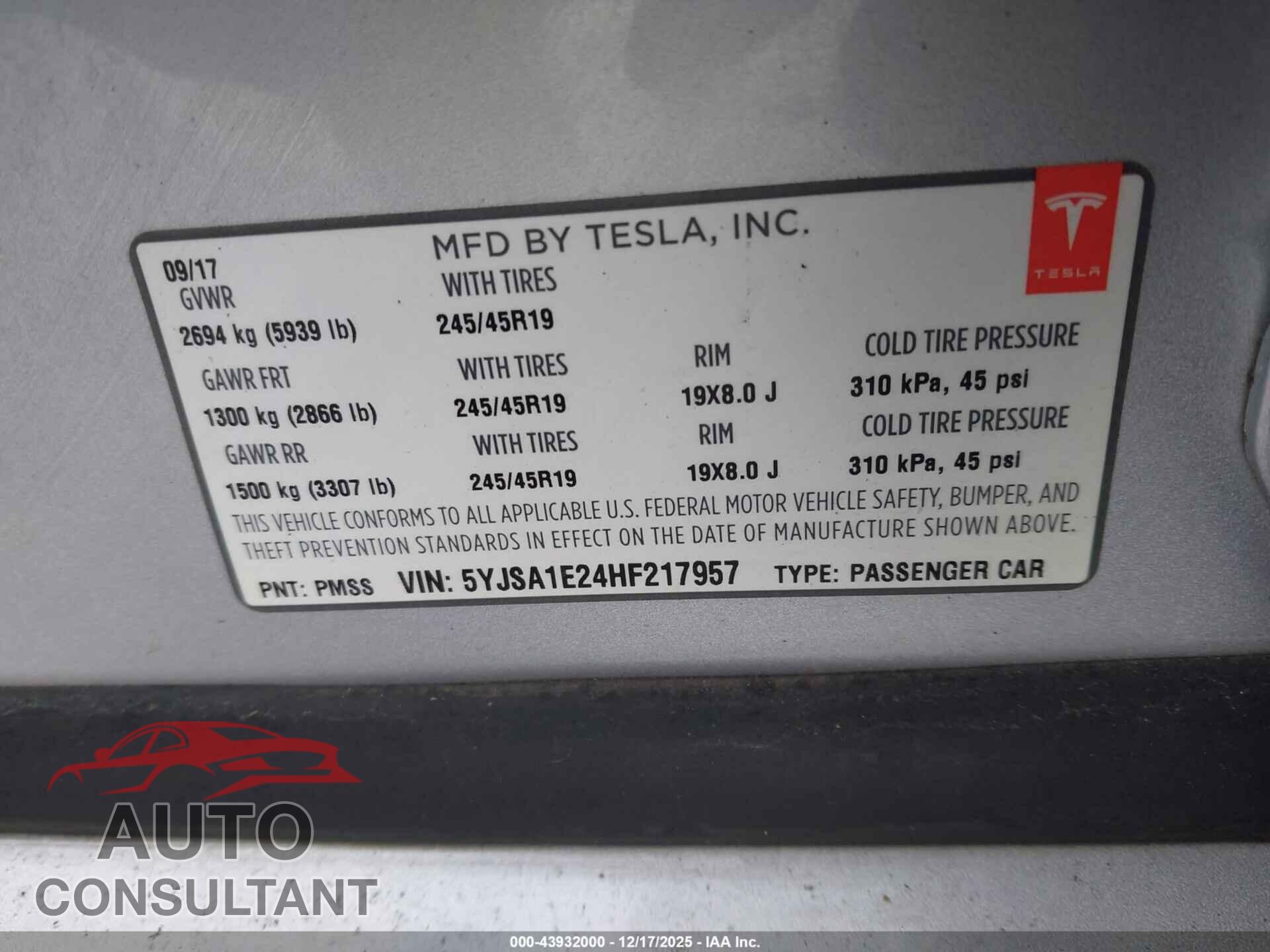 TESLA MODEL S 2017 - 5YJSA1E24HF217957