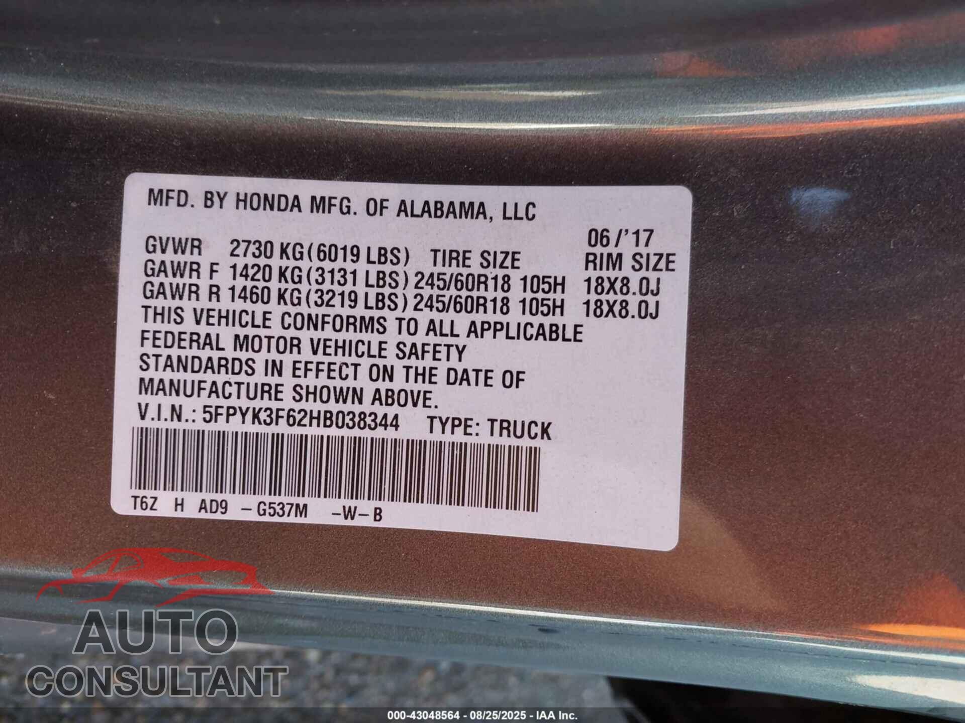 HONDA RIDGELINE 2017 - 5FPYK3F62HB038344