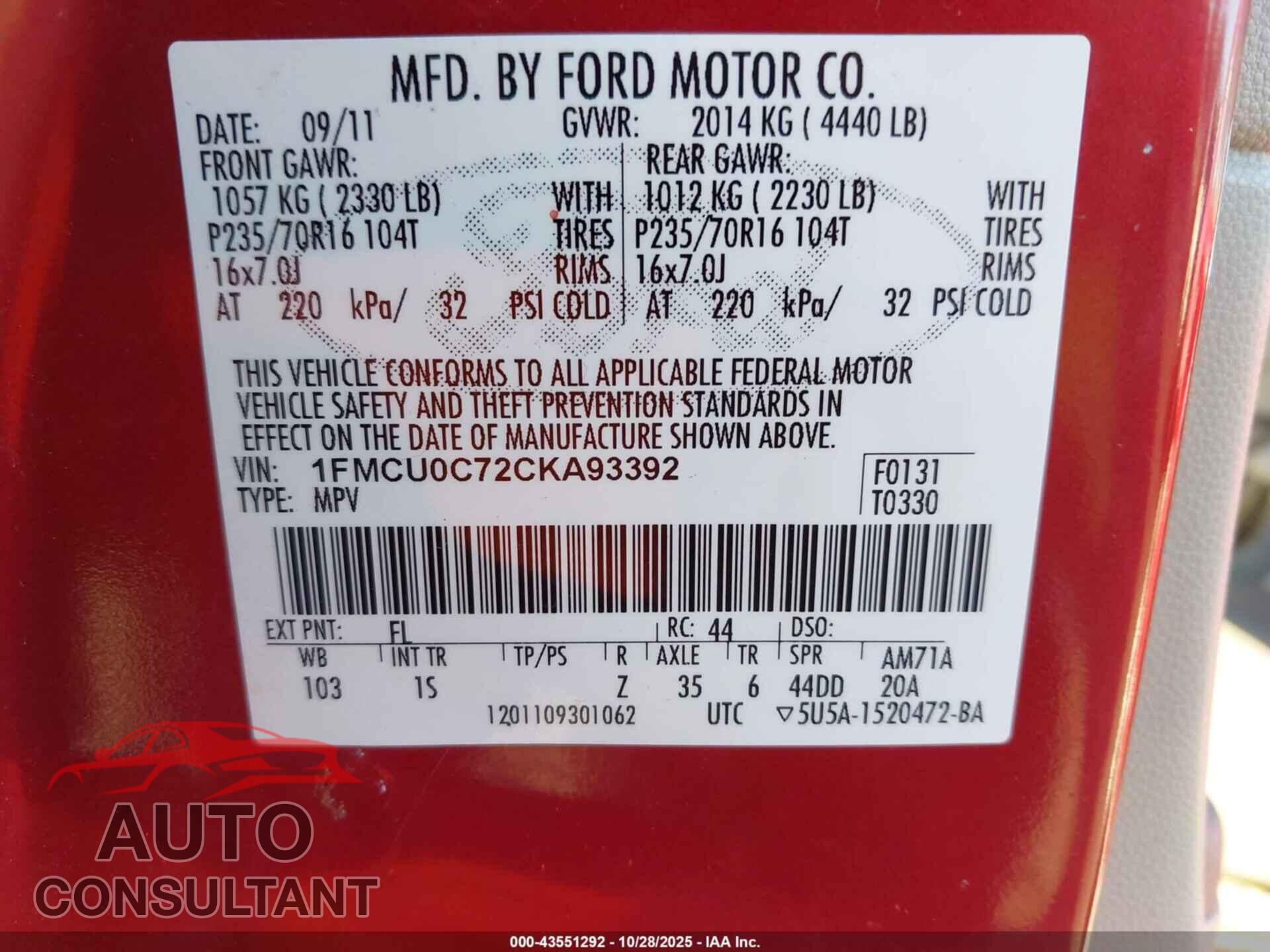 FORD ESCAPE 2012 - 1FMCU0C72CKA93392