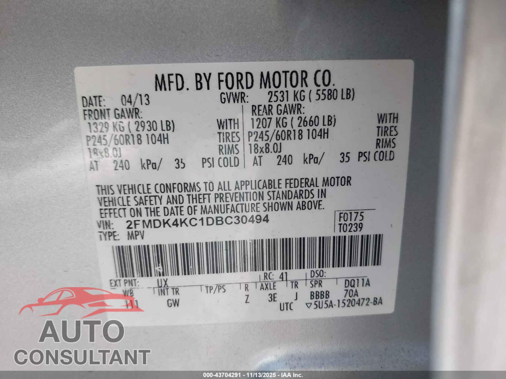 FORD EDGE 2013 - 2FMDK4KC1DBC30494