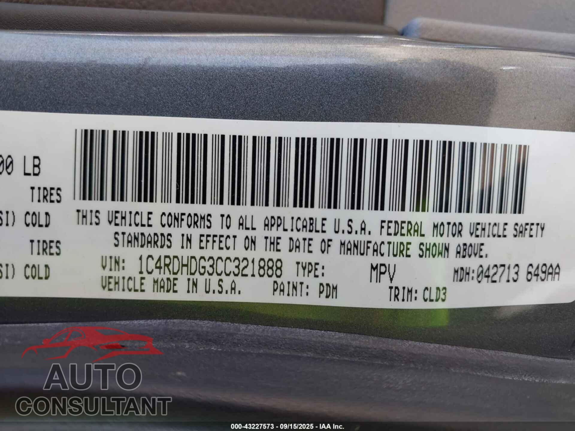 DODGE DURANGO 2012 - 1C4RDHDG3CC321888