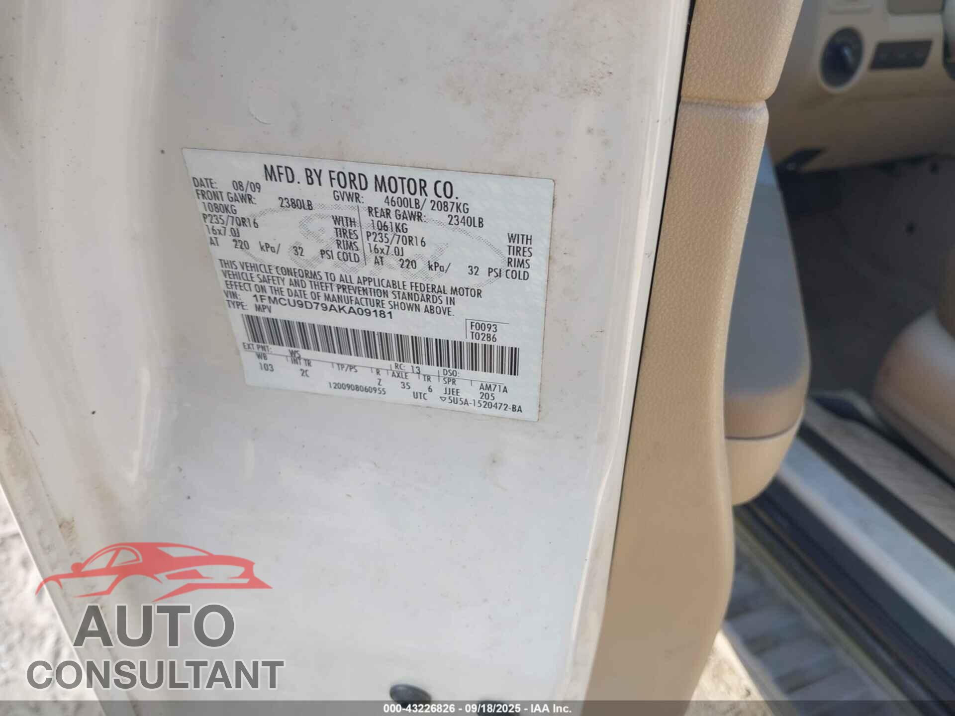 FORD ESCAPE 2010 - 1FMCU9D79AKA09181