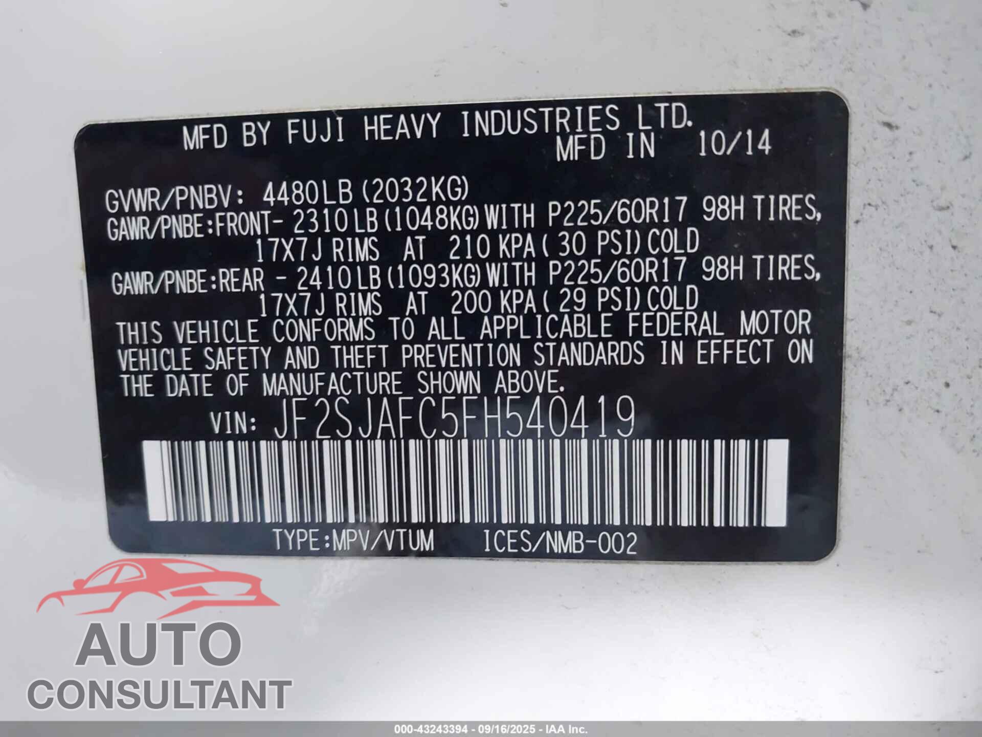 SUBARU FORESTER 2015 - JF2SJAFC5FH540419