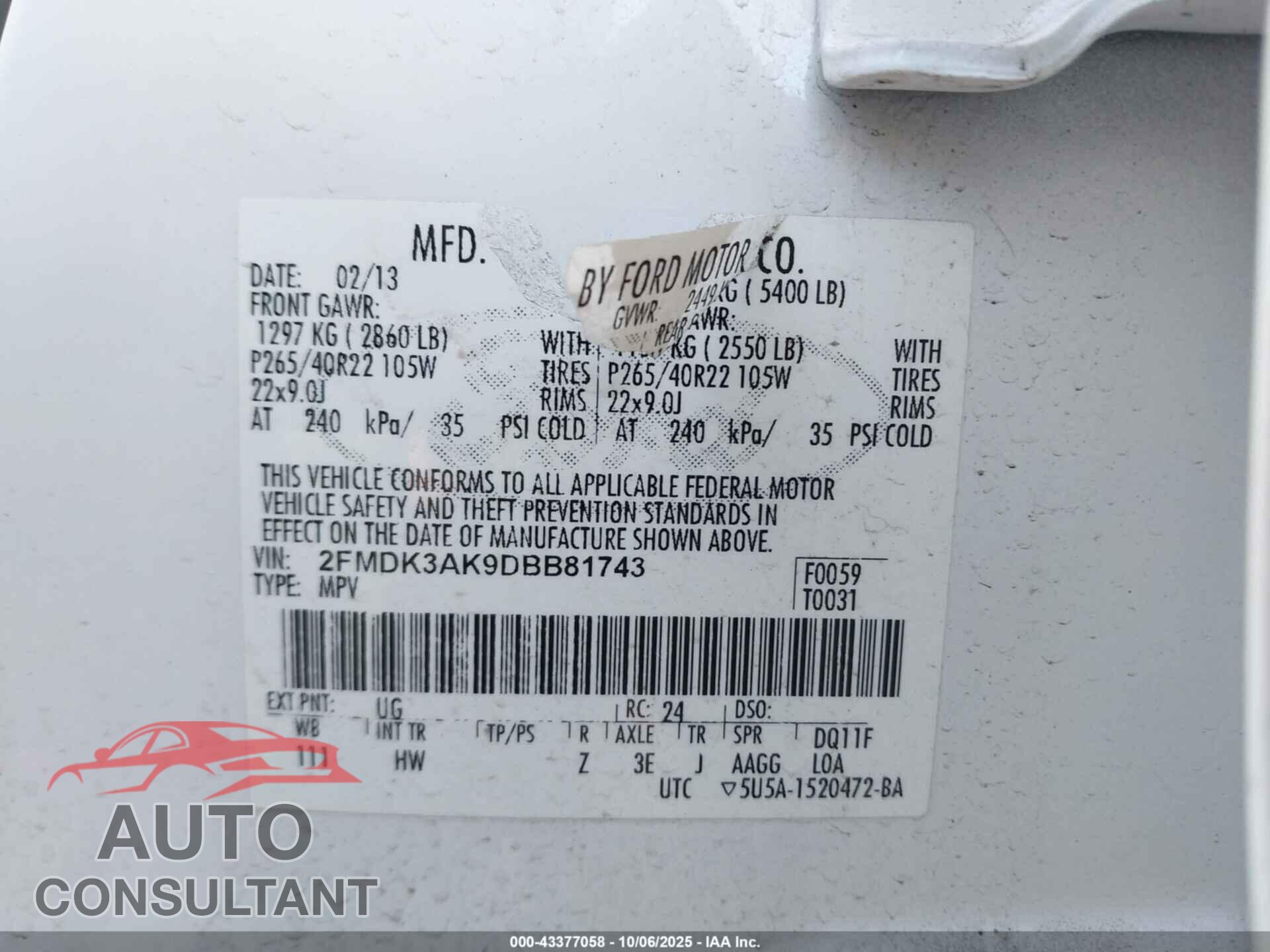 FORD EDGE 2013 - 2FMDK3AK9DBB81743