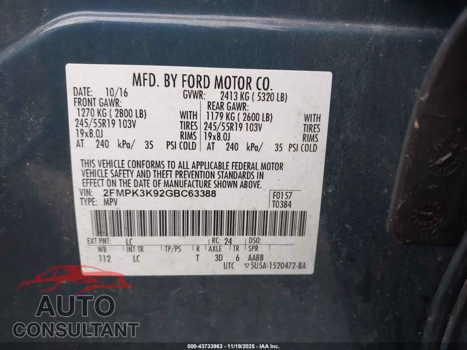 FORD EDGE 2016 - 2FMPK3K92GBC63388