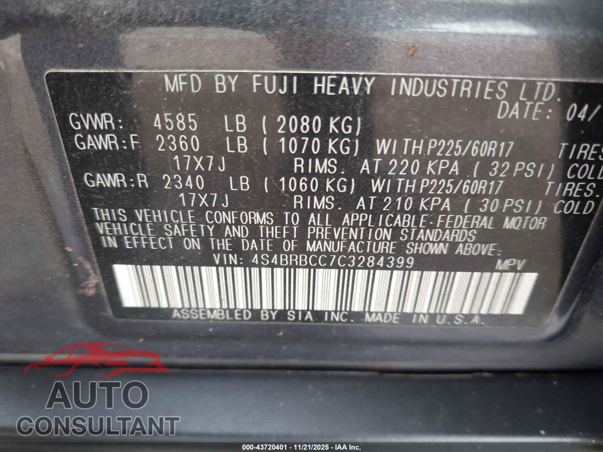 SUBARU OUTBACK 2012 - 4S4BRBCC7C3284399