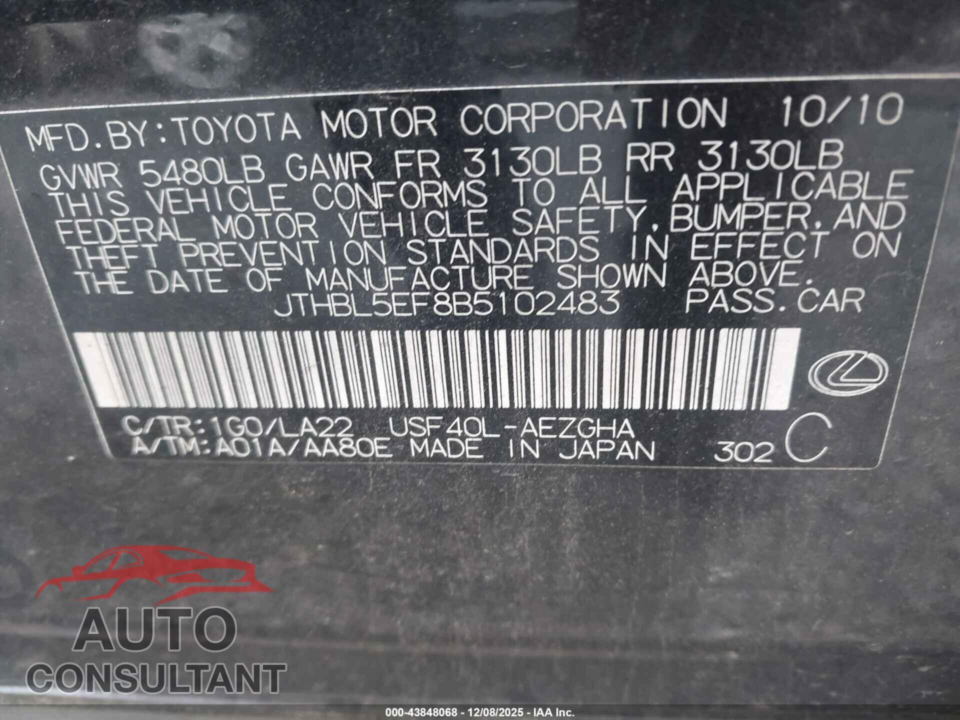LEXUS LS 460 2011 - JTHBL5EF8B5102483
