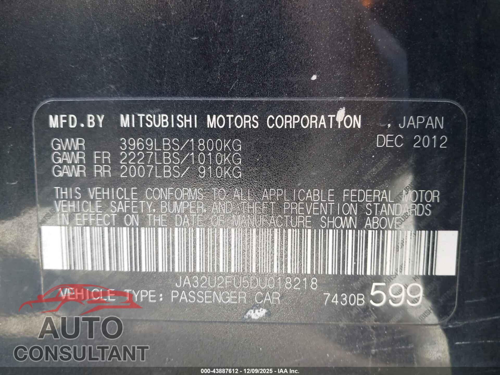 MITSUBISHI LANCER 2013 - JA32U2FU5DU018218
