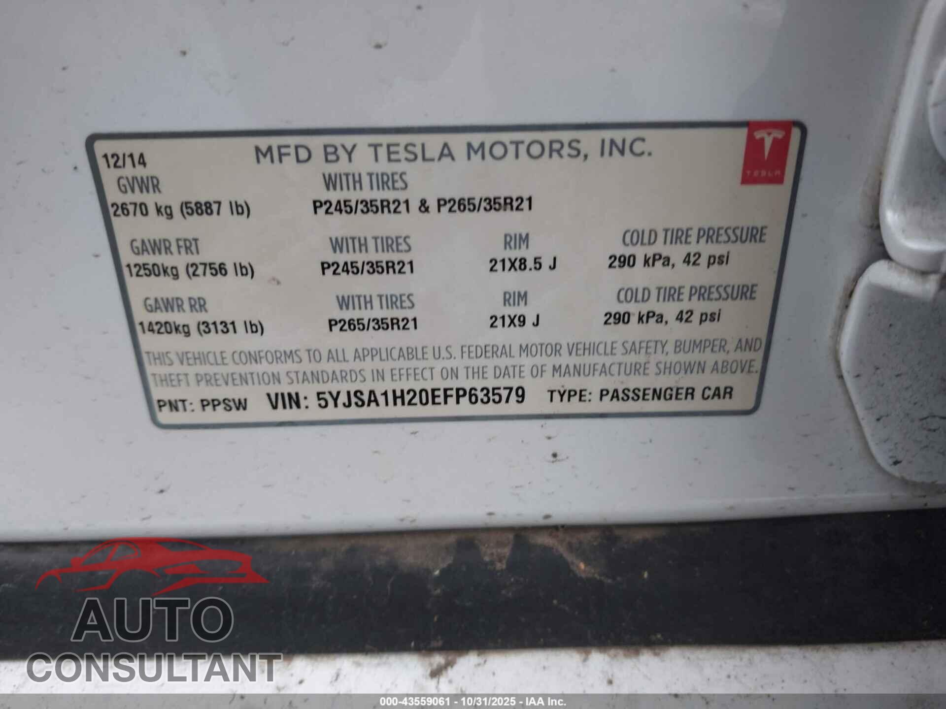 TESLA MODEL S 2014 - 5YJSA1H20EFP63579