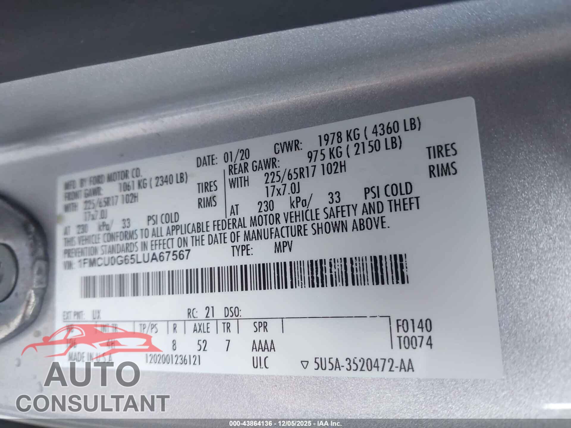 FORD ESCAPE 2020 - 1FMCU0G65LUA67567