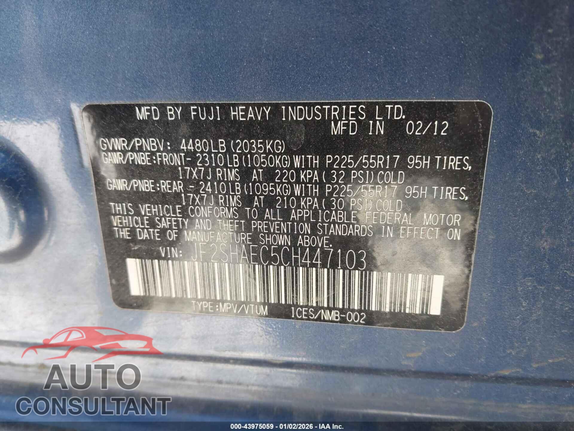 SUBARU FORESTER 2012 - JF2SHAEC5CH447103