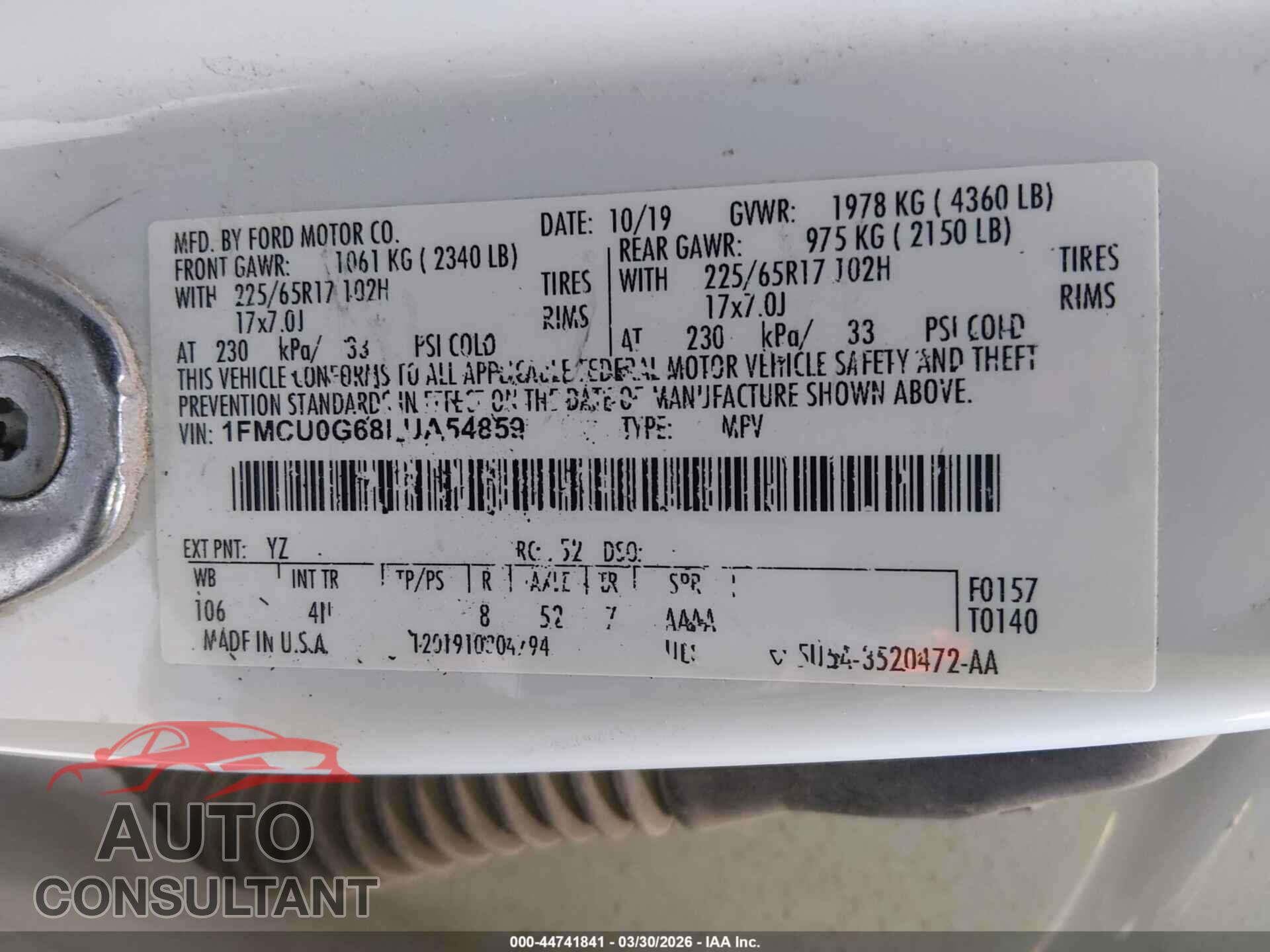 FORD ESCAPE 2020 - 1FMCU0G68LUA54859