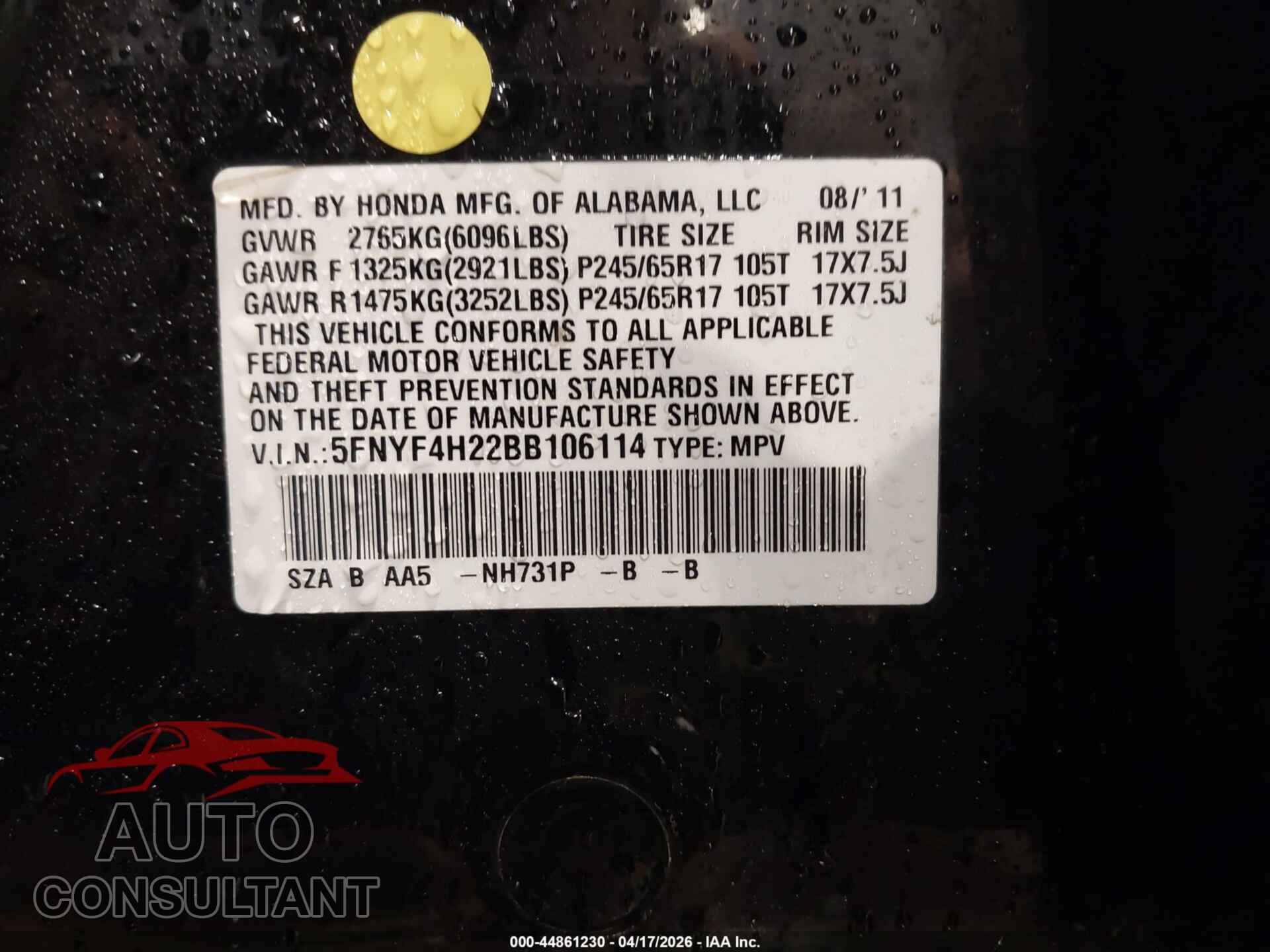 HONDA PILOT 2011 - 5FNYF4H22BB106114