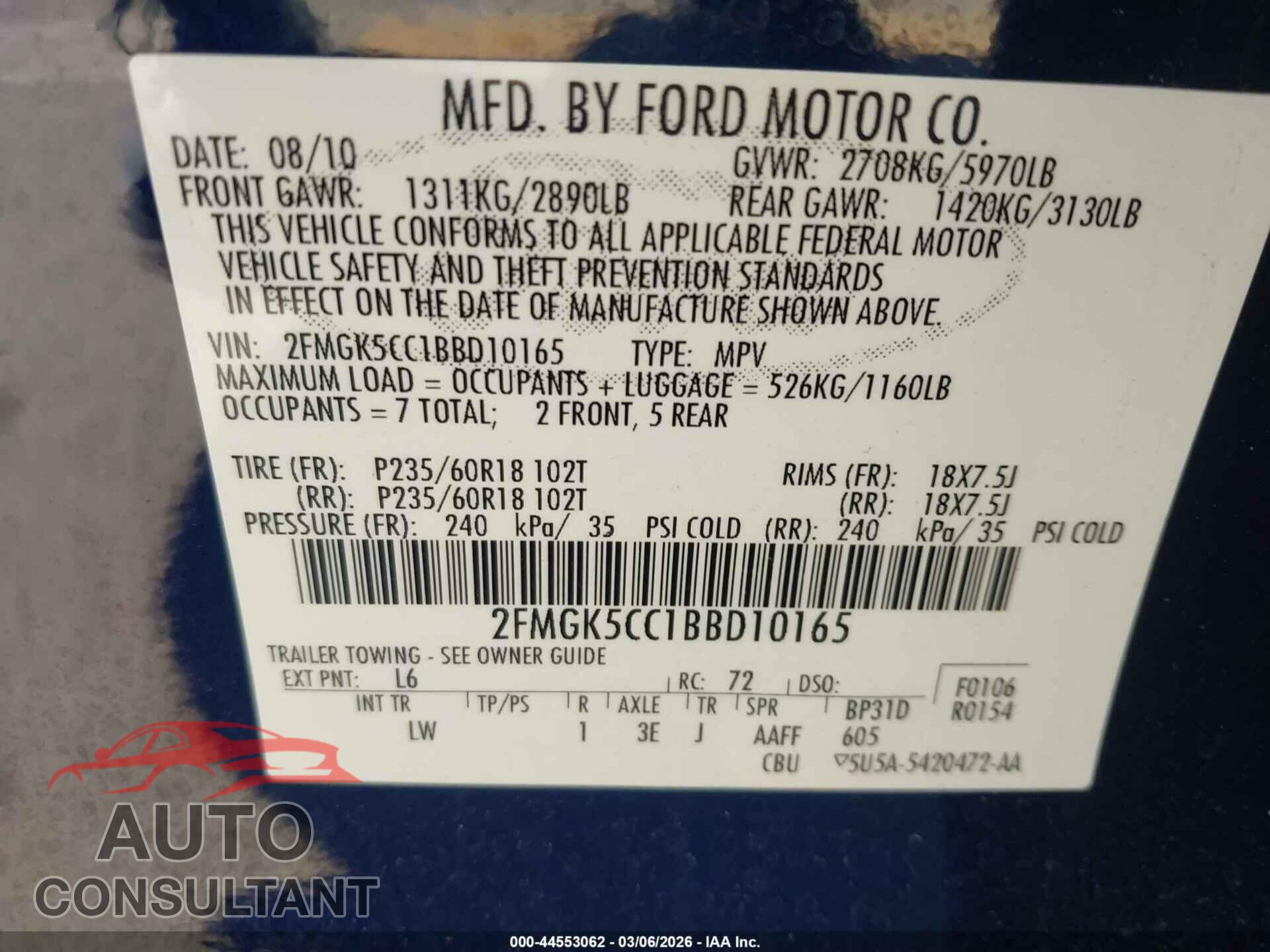 FORD FLEX 2011 - 2FMGK5CC1BBD10165