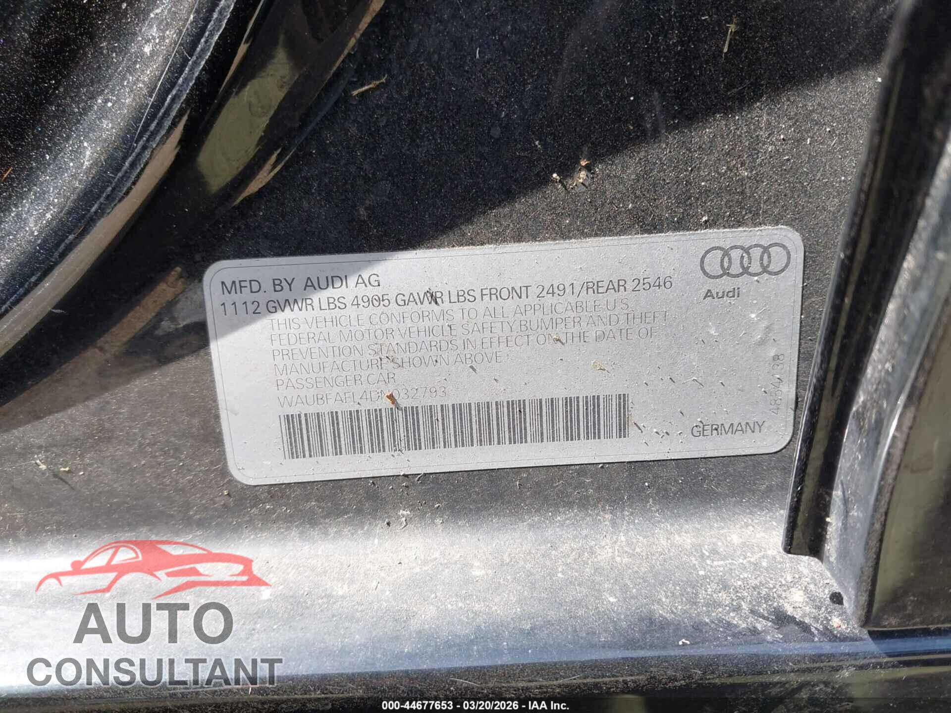 AUDI A4 2013 - WAUBFAFL4DN032793