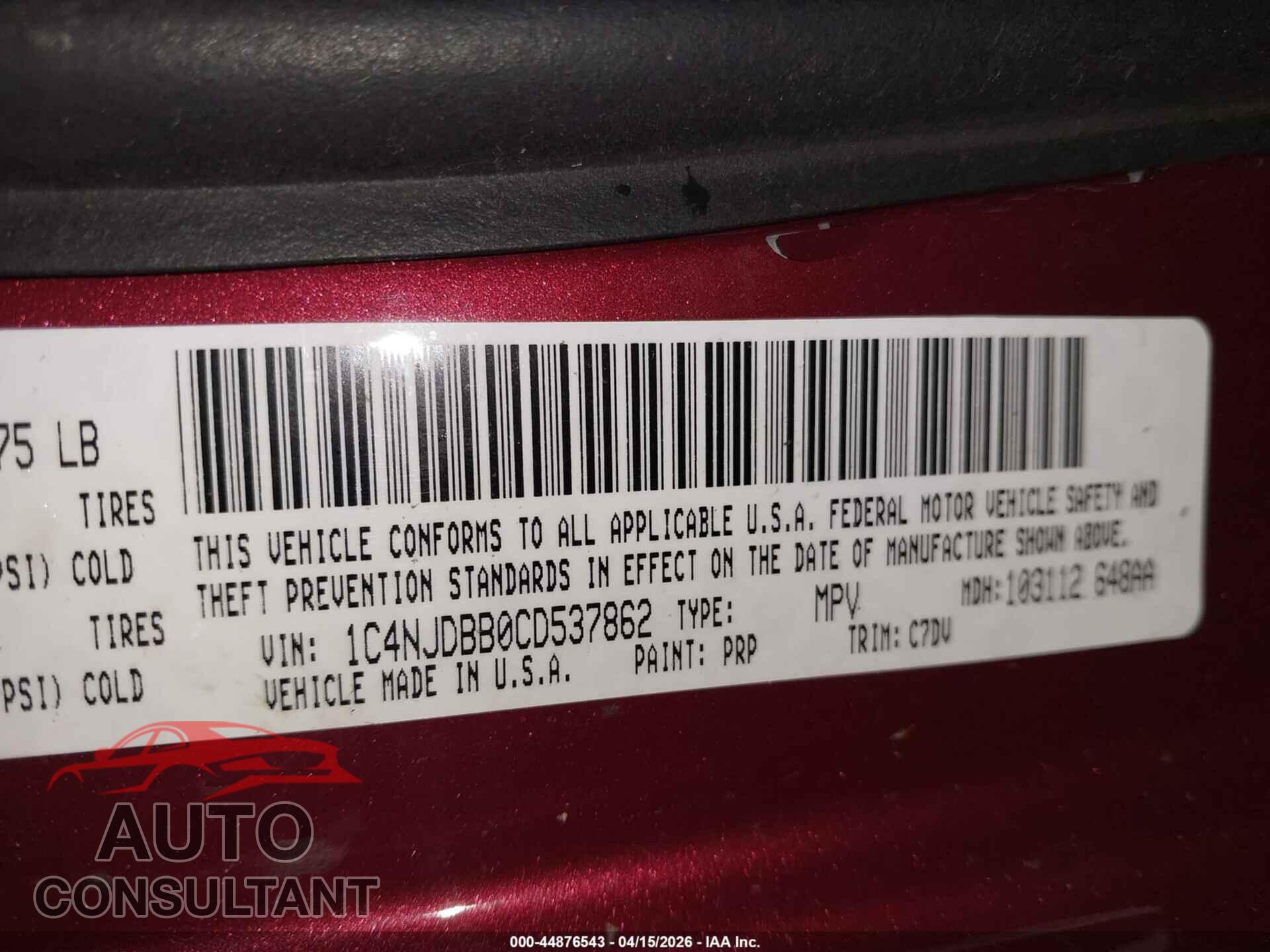 JEEP COMPASS 2012 - 1C4NJDBB0CD537862