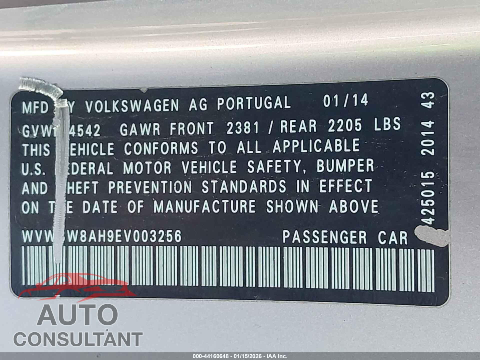 VOLKSWAGEN EOS 2014 - WVWBW8AH9EV003256