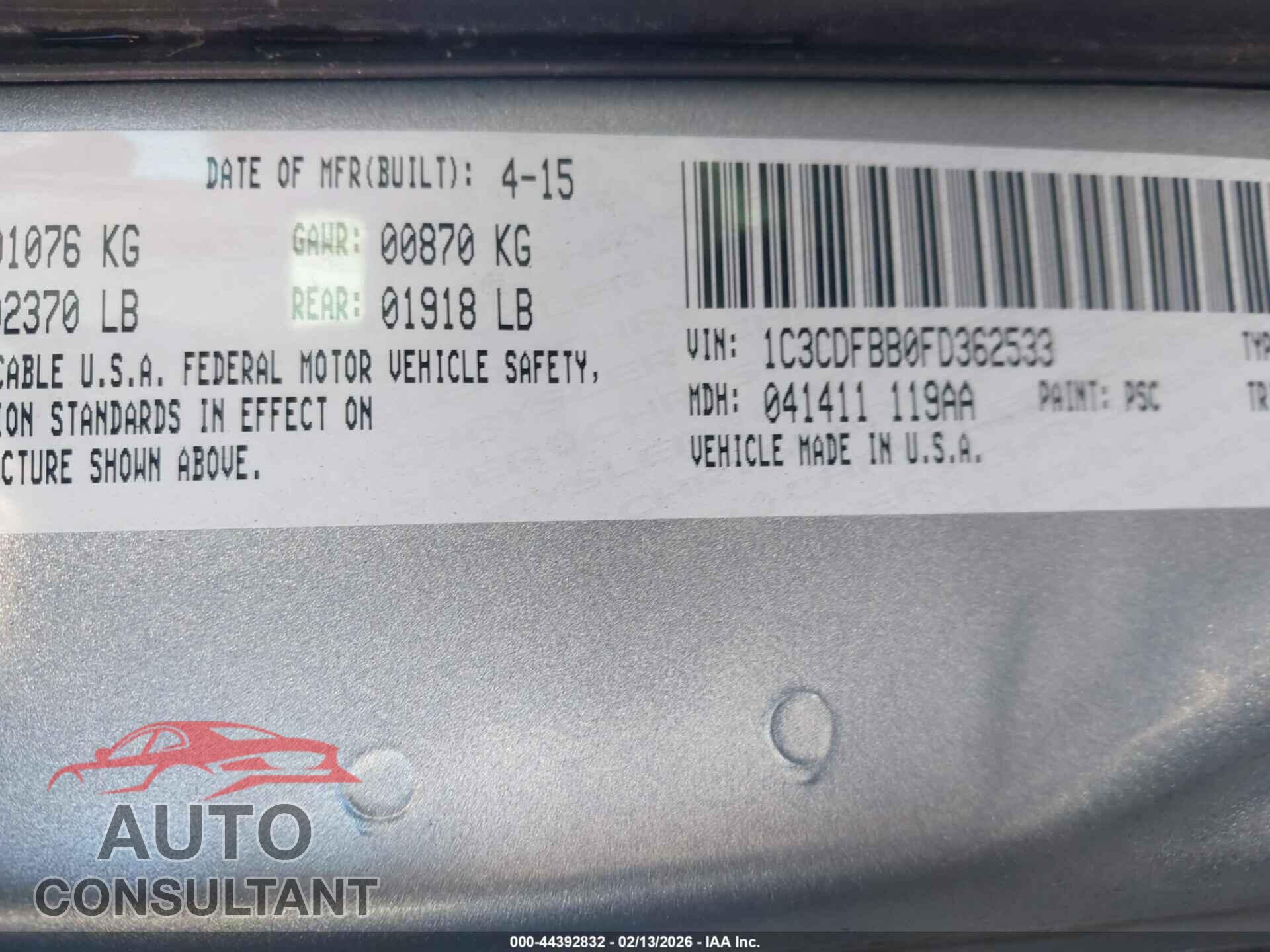 DODGE DART 2015 - 1C3CDFBB0FD362533