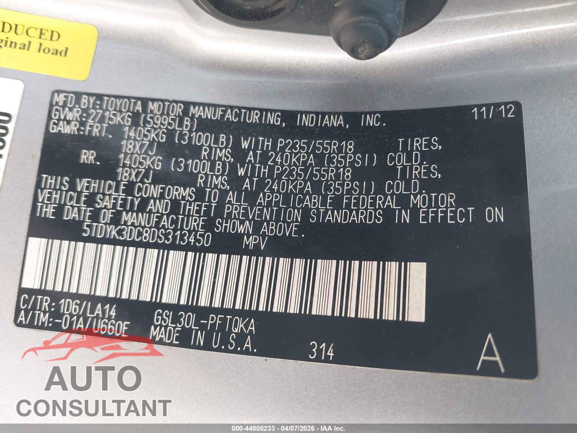 TOYOTA SIENNA 2013 - 5TDYK3DC8DS313450