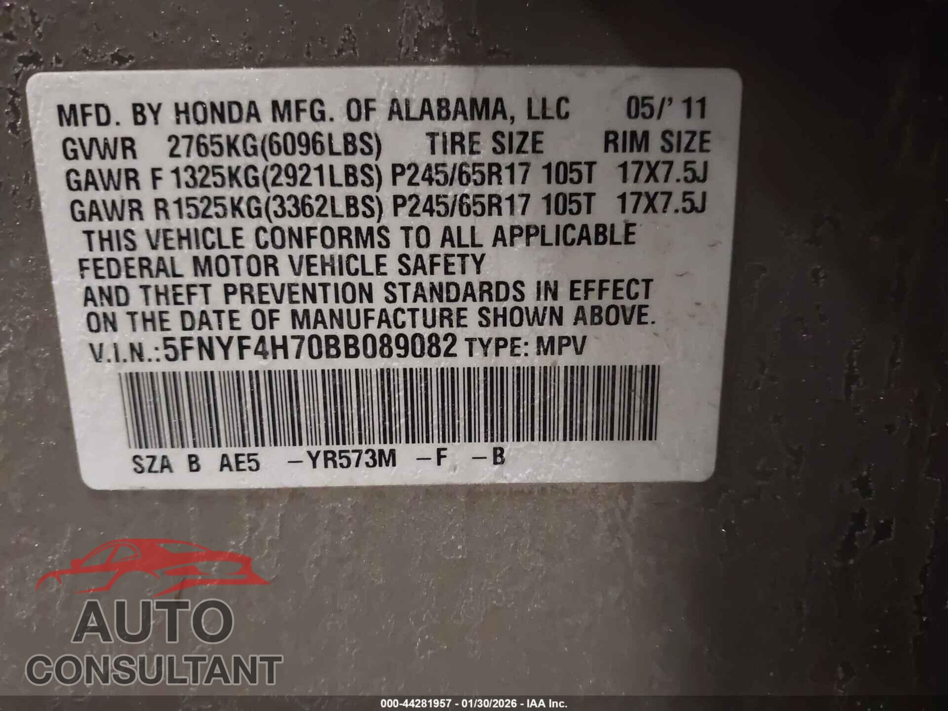 HONDA PILOT 2011 - 5FNYF4H70BB089082