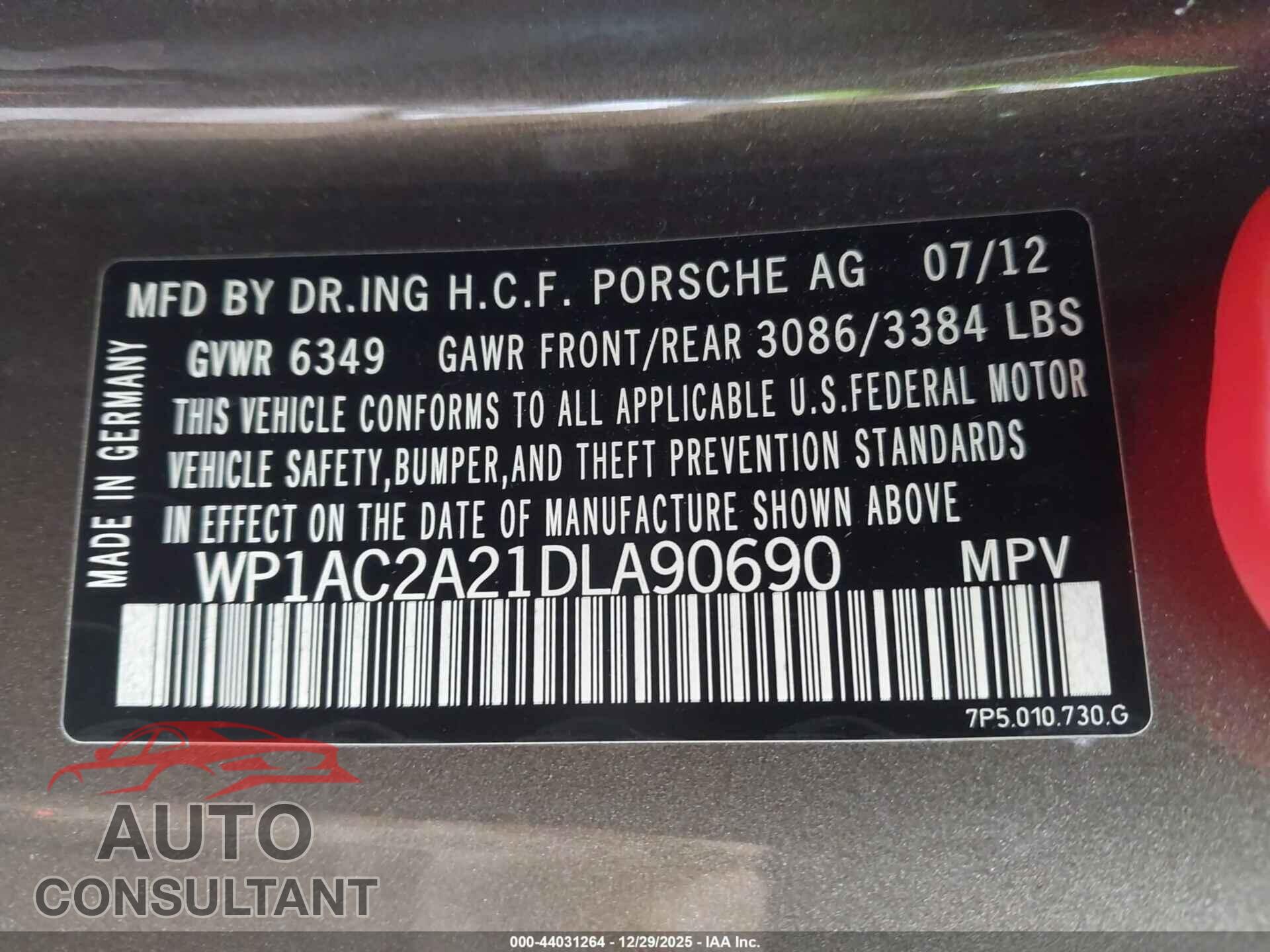 PORSCHE CAYENNE 2013 - WP1AC2A21DLA90690