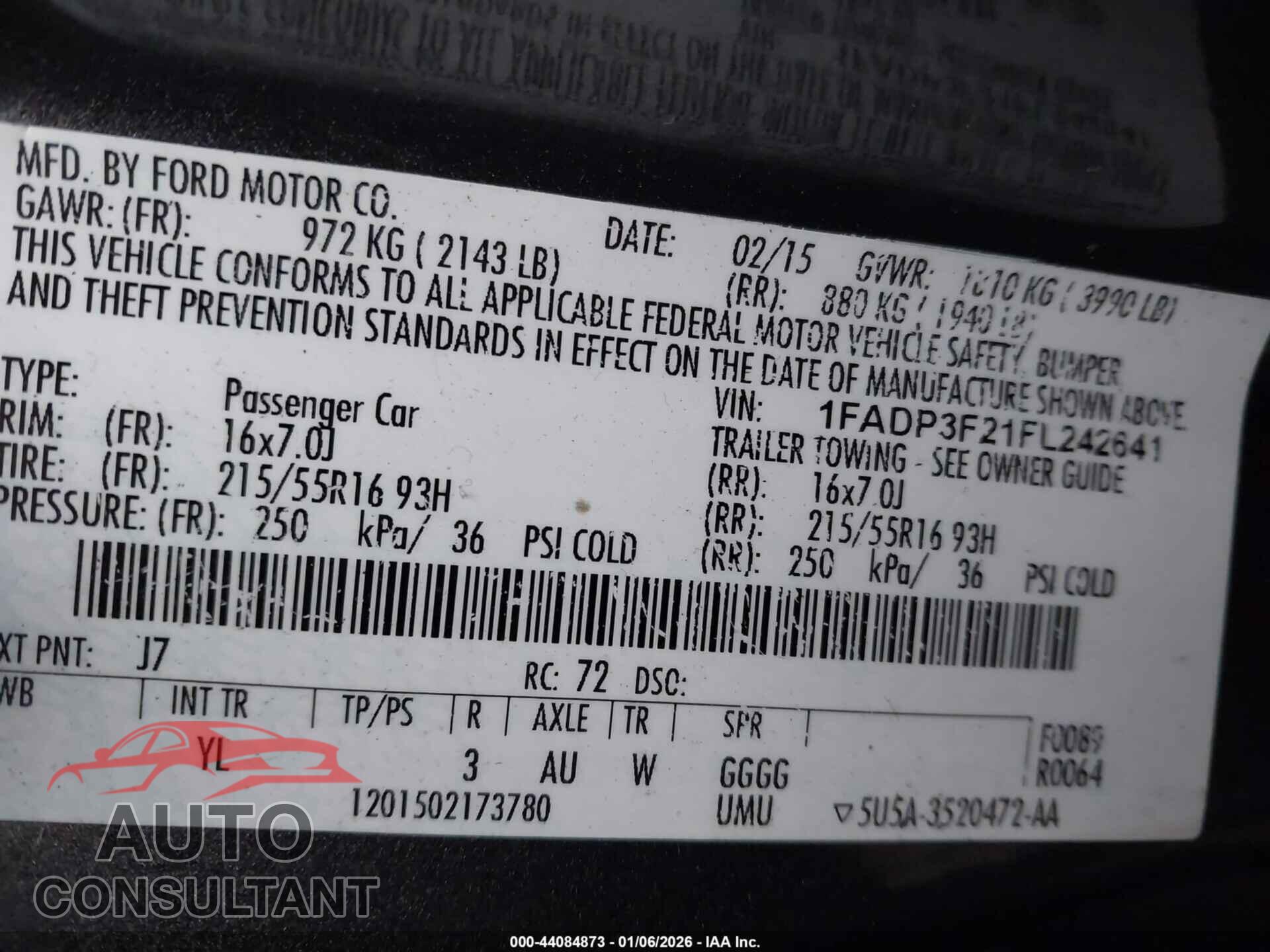 FORD FOCUS 2015 - 1FADP3F21FL242641