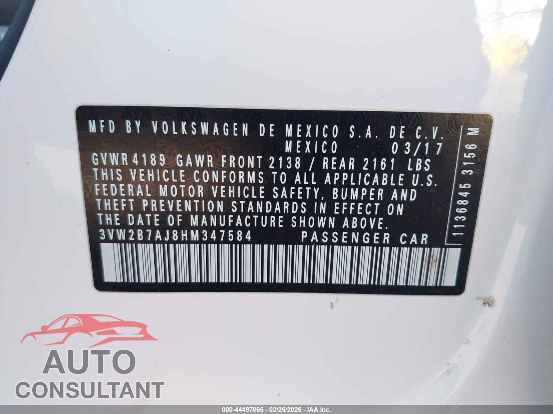 VOLKSWAGEN JETTA 2017 - 3VW2B7AJ8HM347584