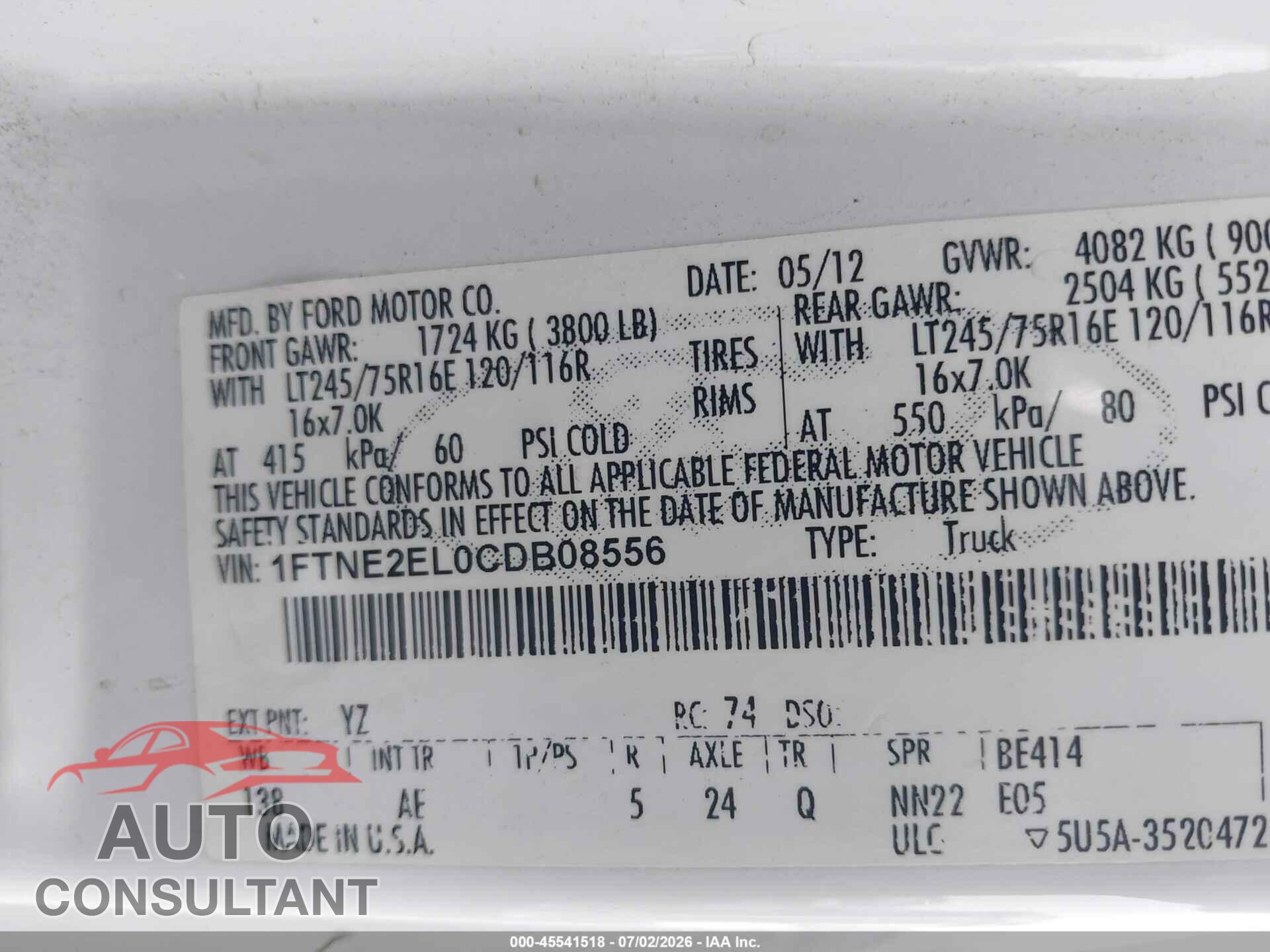 FORD E-250 2012 - 1FTNE2EL0CDB08556