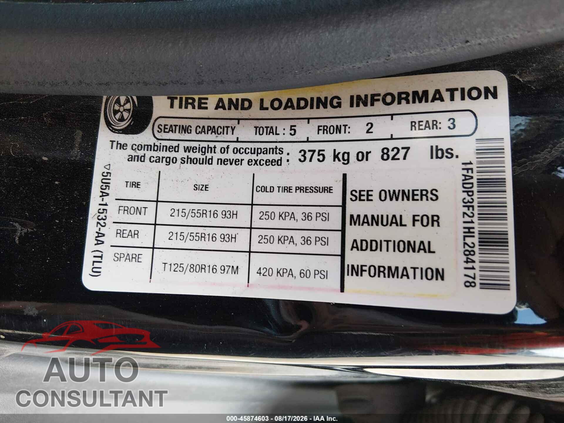 FORD FOCUS 2017 - 1FADP3F21HL284178