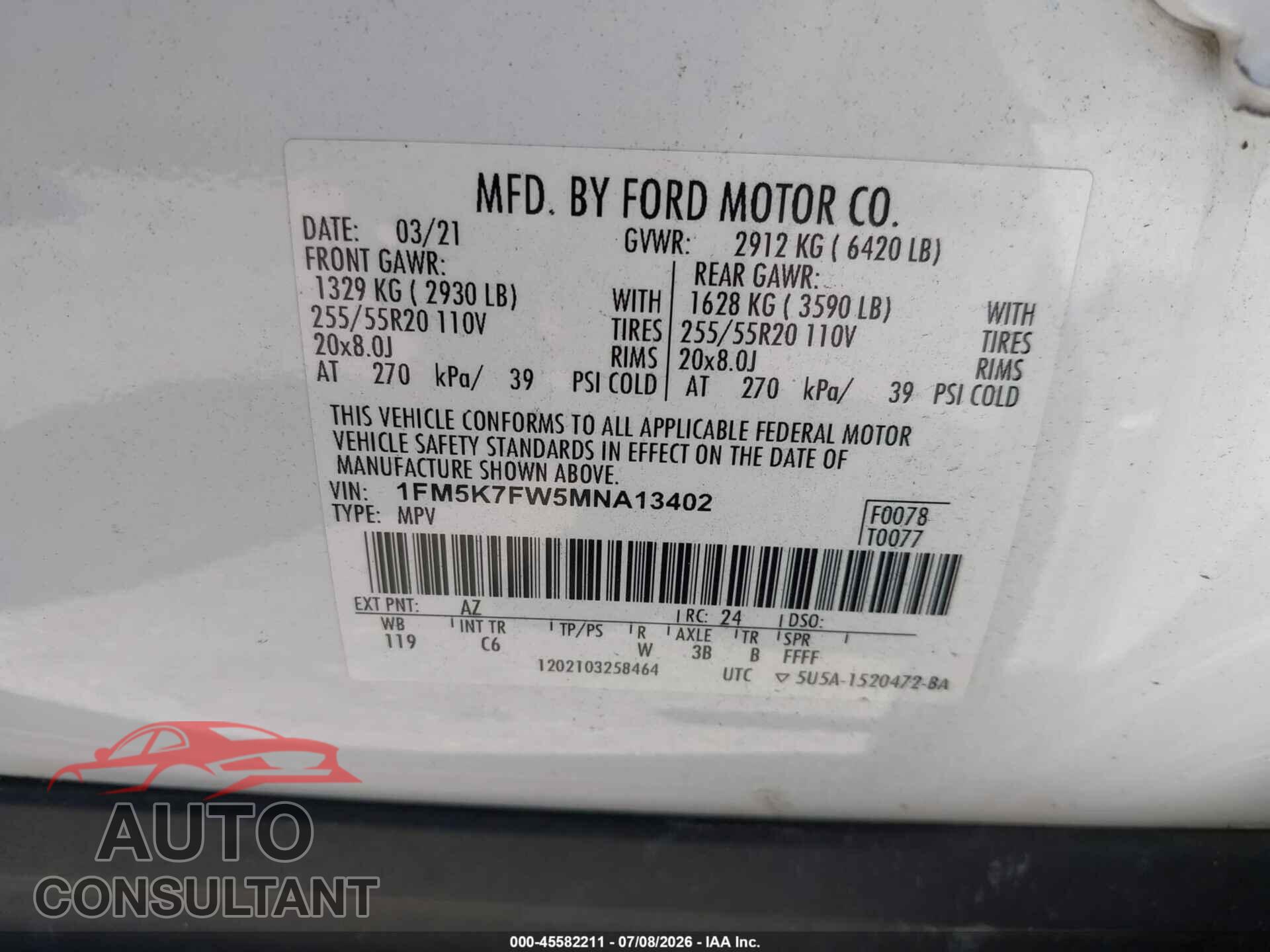FORD EXPLORER 2021 - 1FM5K7FW5MNA13402