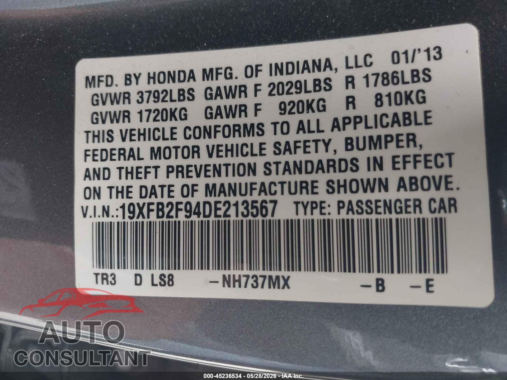 HONDA CIVIC 2013 - 19XFB2F94DE213567