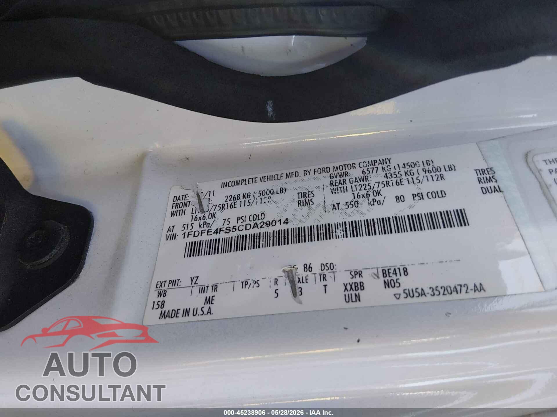 FORD E-450 CUTAWAY 2012 - 1FDFE4FS5CDA29014