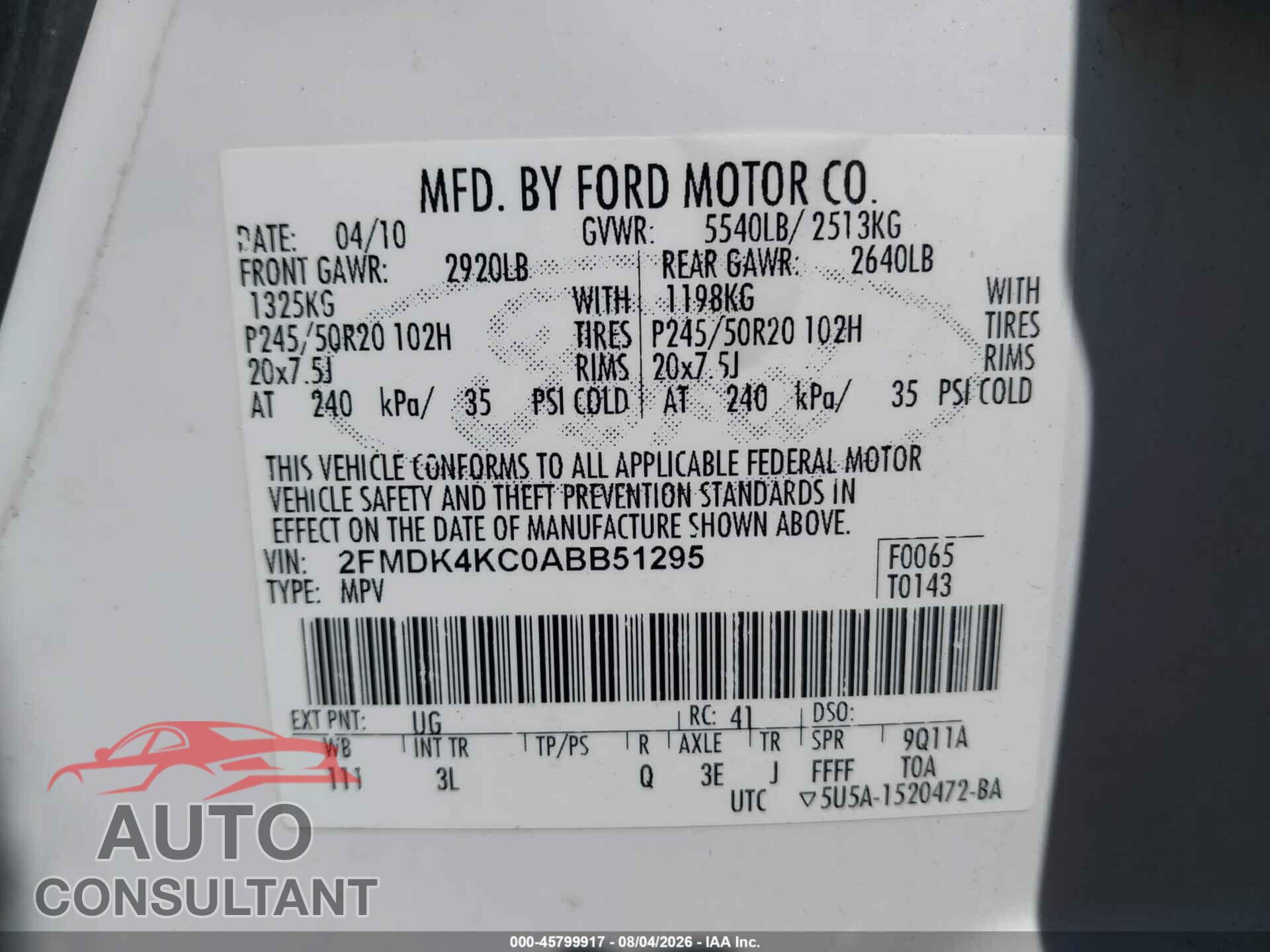 FORD EDGE 2010 - 2FMDK4KC0ABB51295