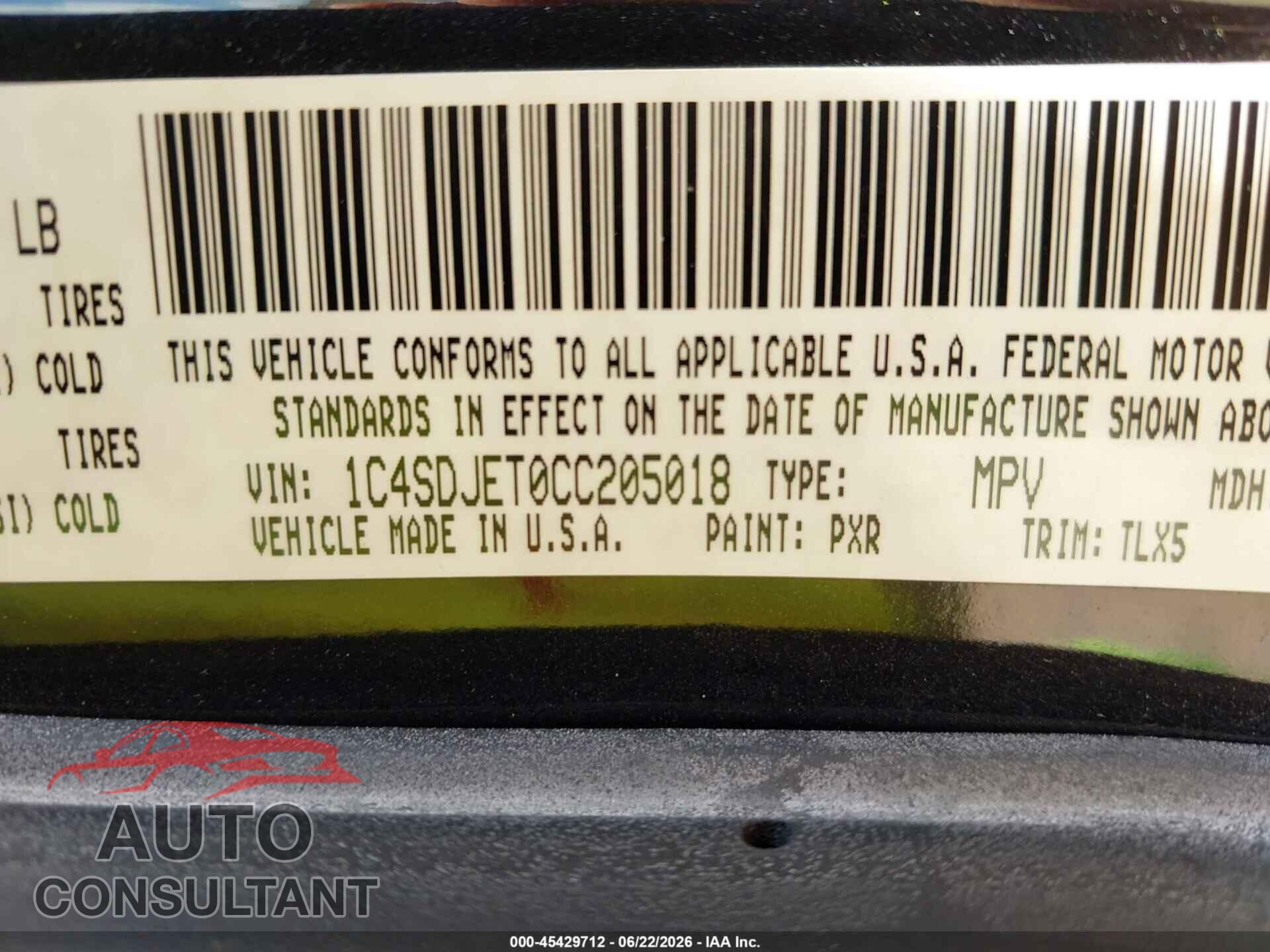 DODGE DURANGO 2012 - 1C4SDJET0CC205018