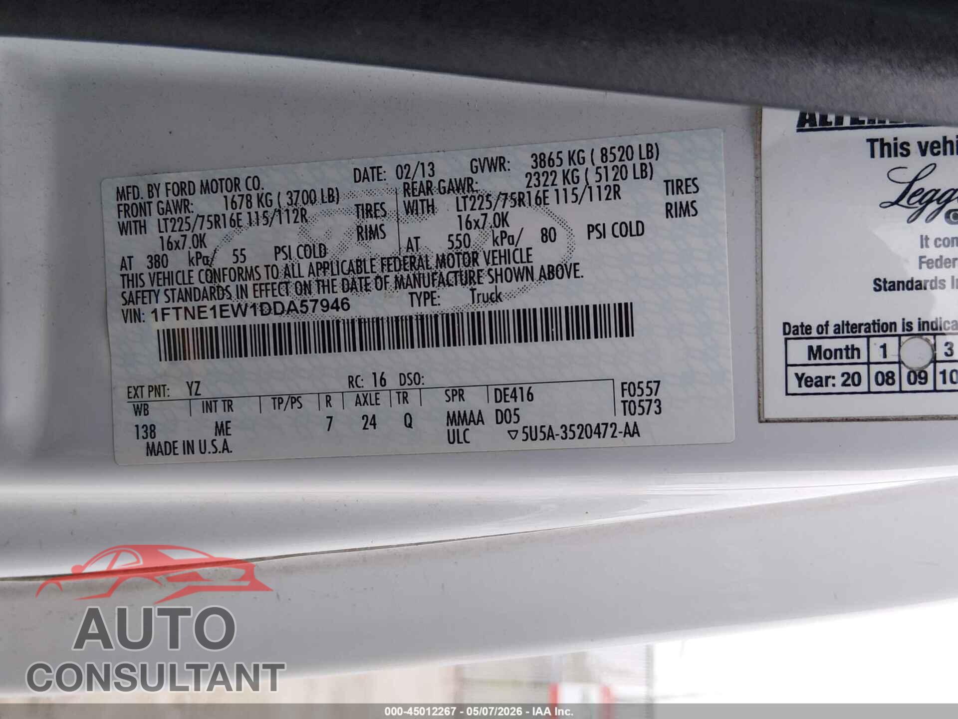 FORD E-150 2013 - 1FTNE1EW1DDA57946