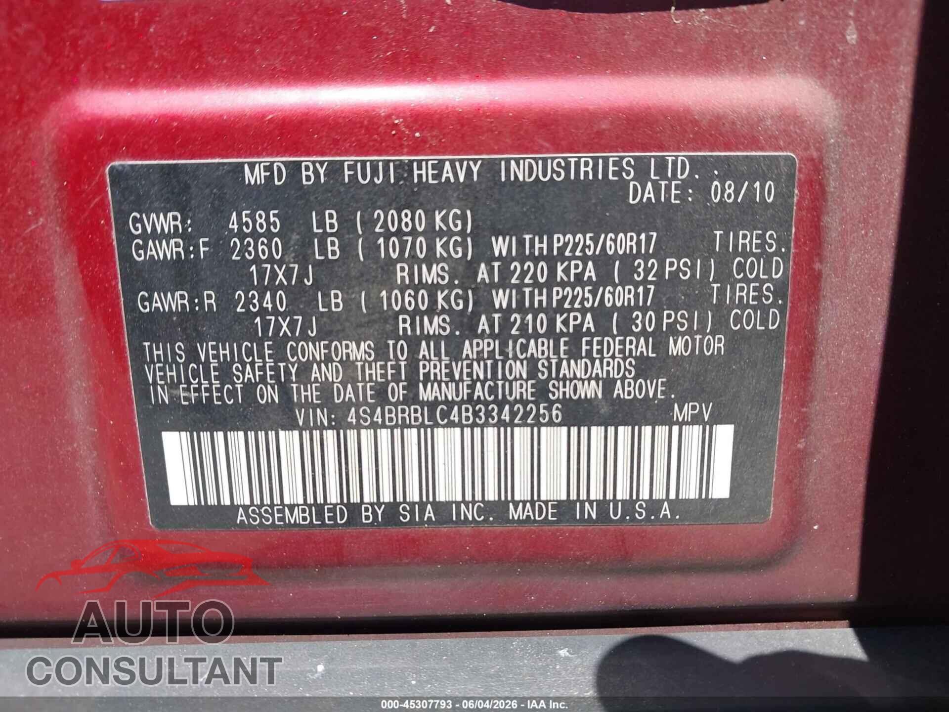 SUBARU OUTBACK 2011 - 4S4BRBLC4B3342256