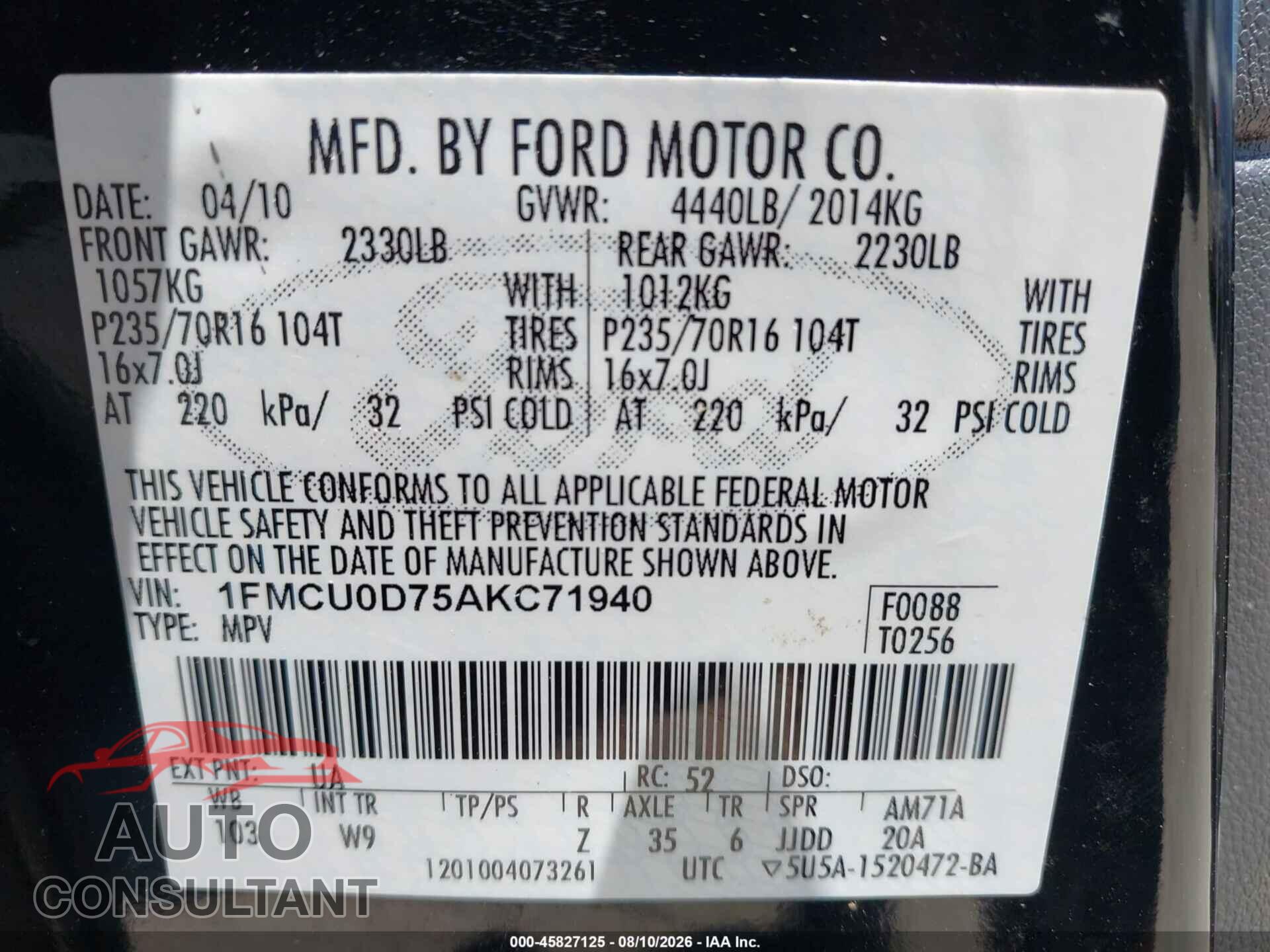 FORD ESCAPE 2010 - 1FMCU0D75AKC71940