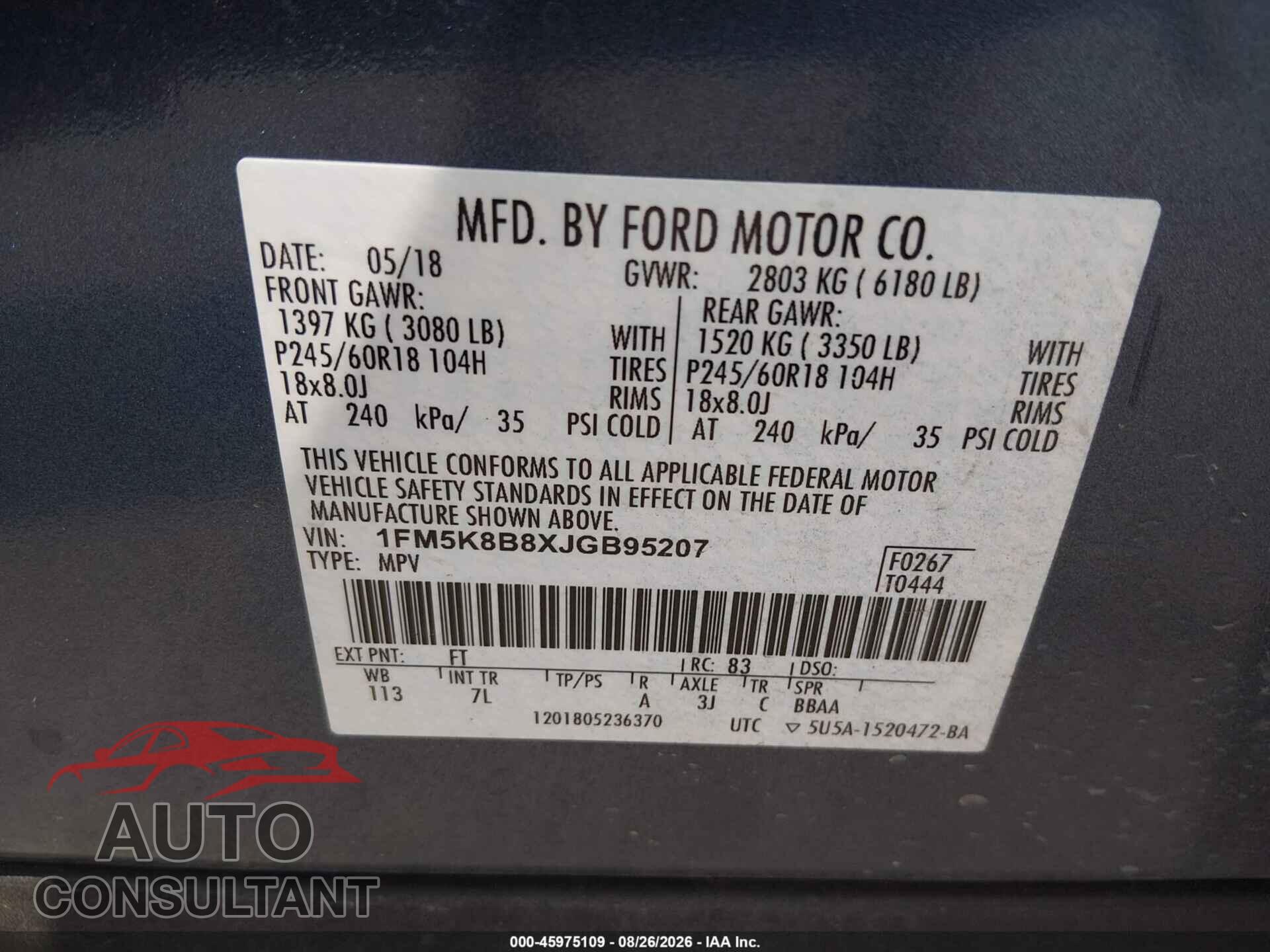 FORD EXPLORER 2018 - 1FM5K8B8XJGB95207