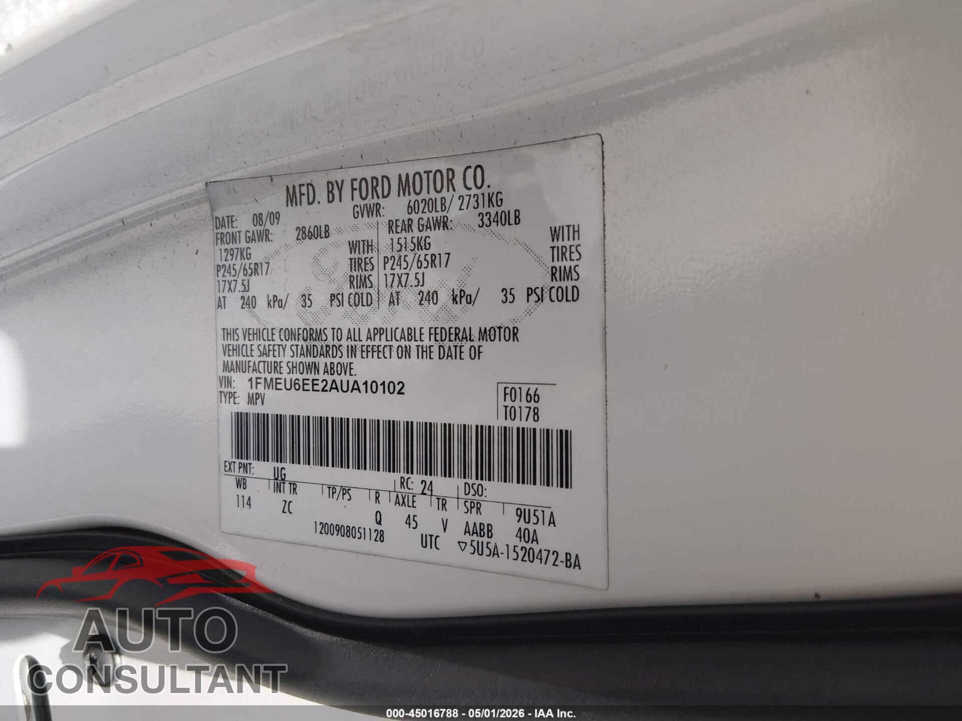 FORD EXPLORER 2010 - 1FMEU6EE2AUA10102