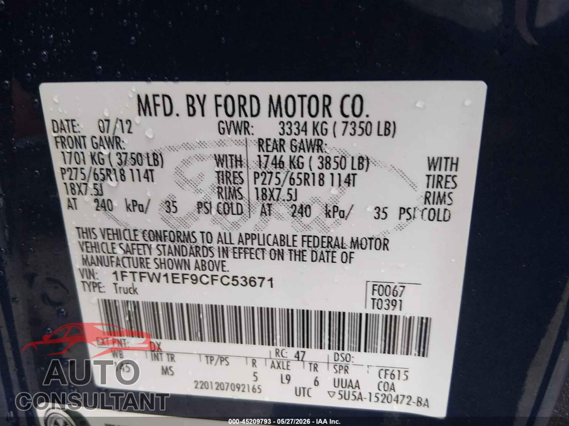 FORD F-150 2012 - 1FTFW1EF9CFC53671