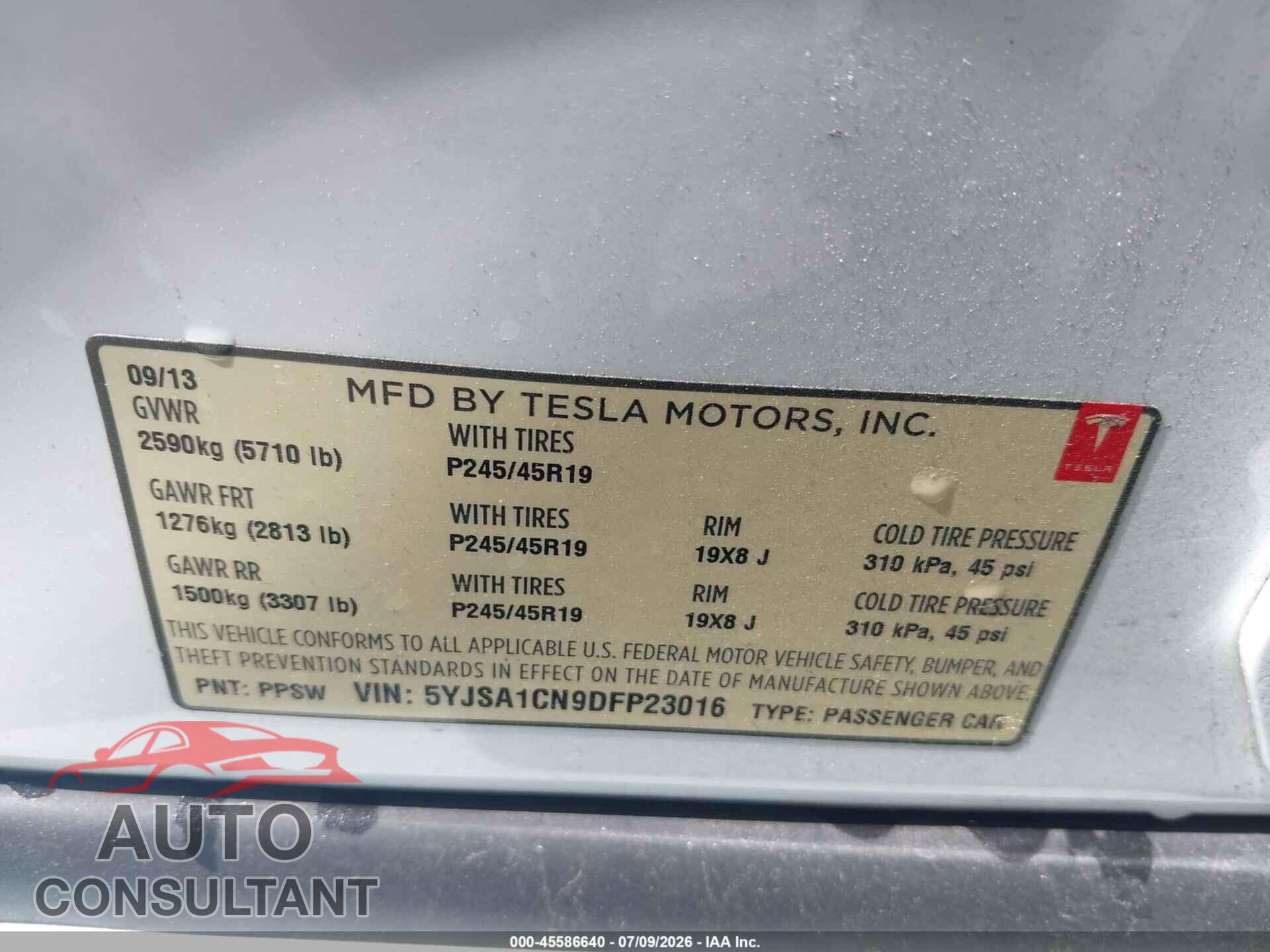 TESLA MODEL S 2013 - 5YJSA1CN9DFP23016