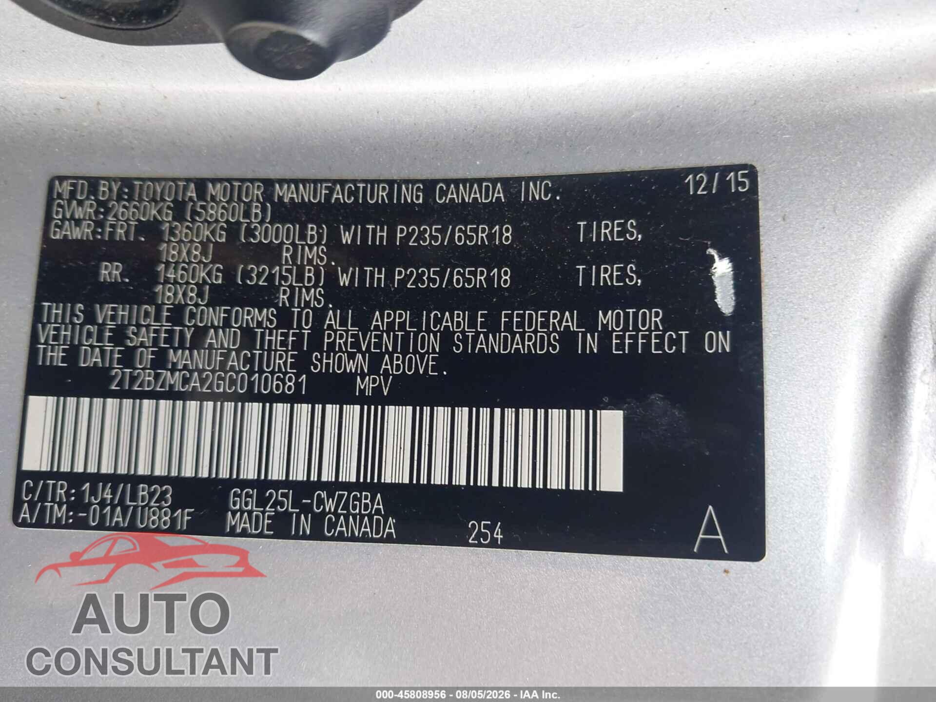 LEXUS RX 350 2016 - 2T2BZMCA2GC010681