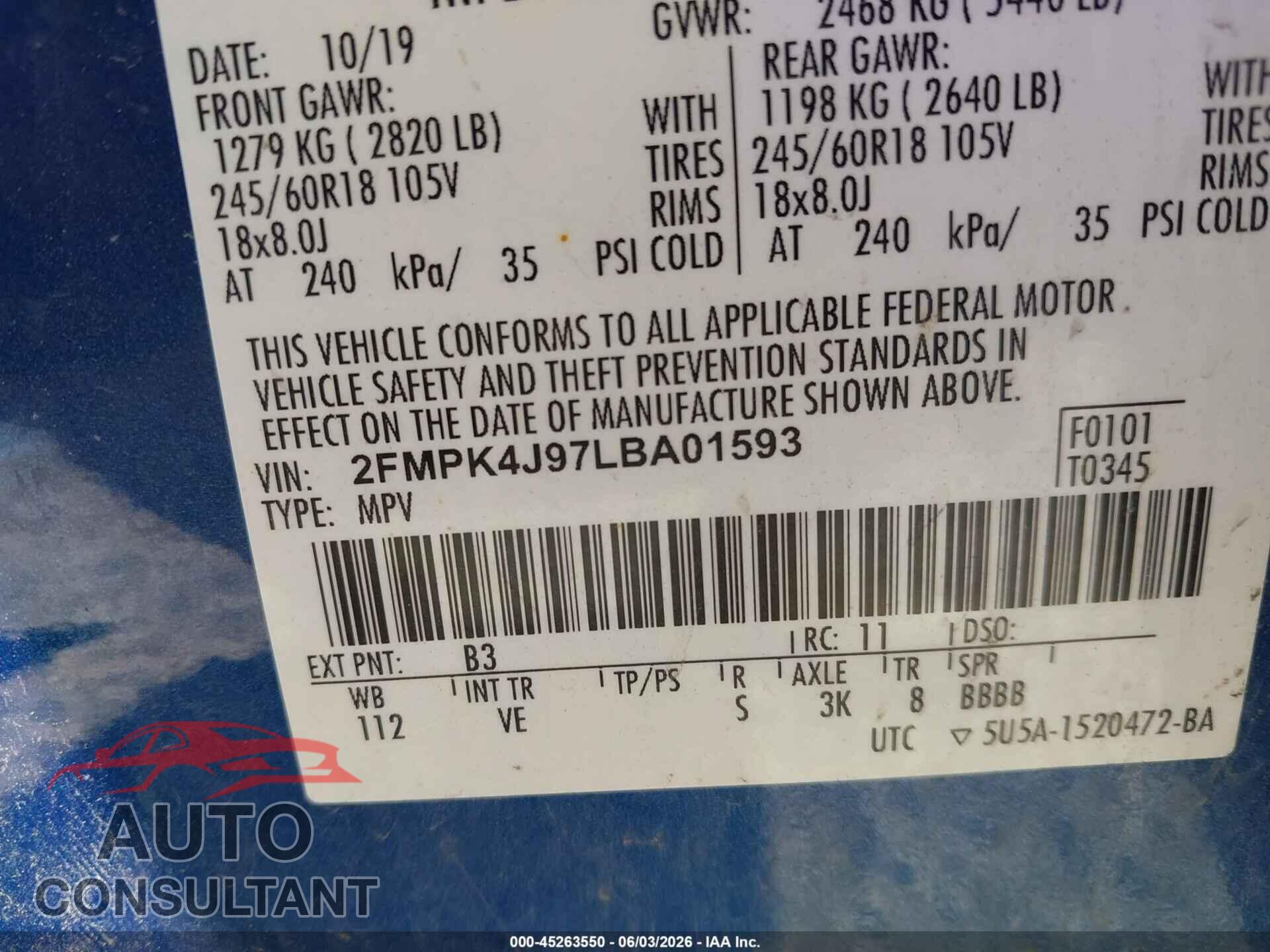 FORD EDGE 2020 - 2FMPK4J97LBA01593