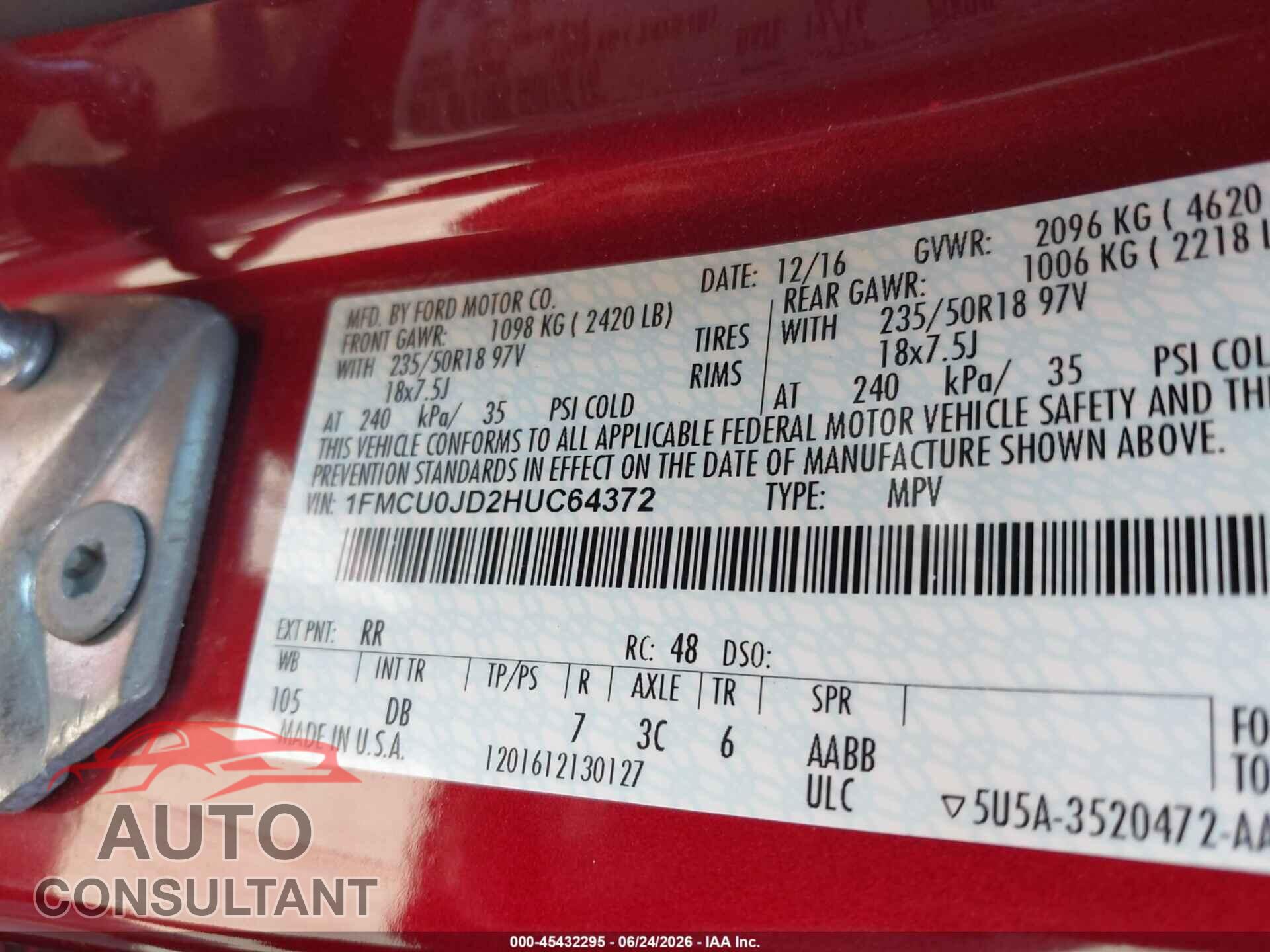 FORD ESCAPE 2017 - 1FMCU0JD2HUC64372