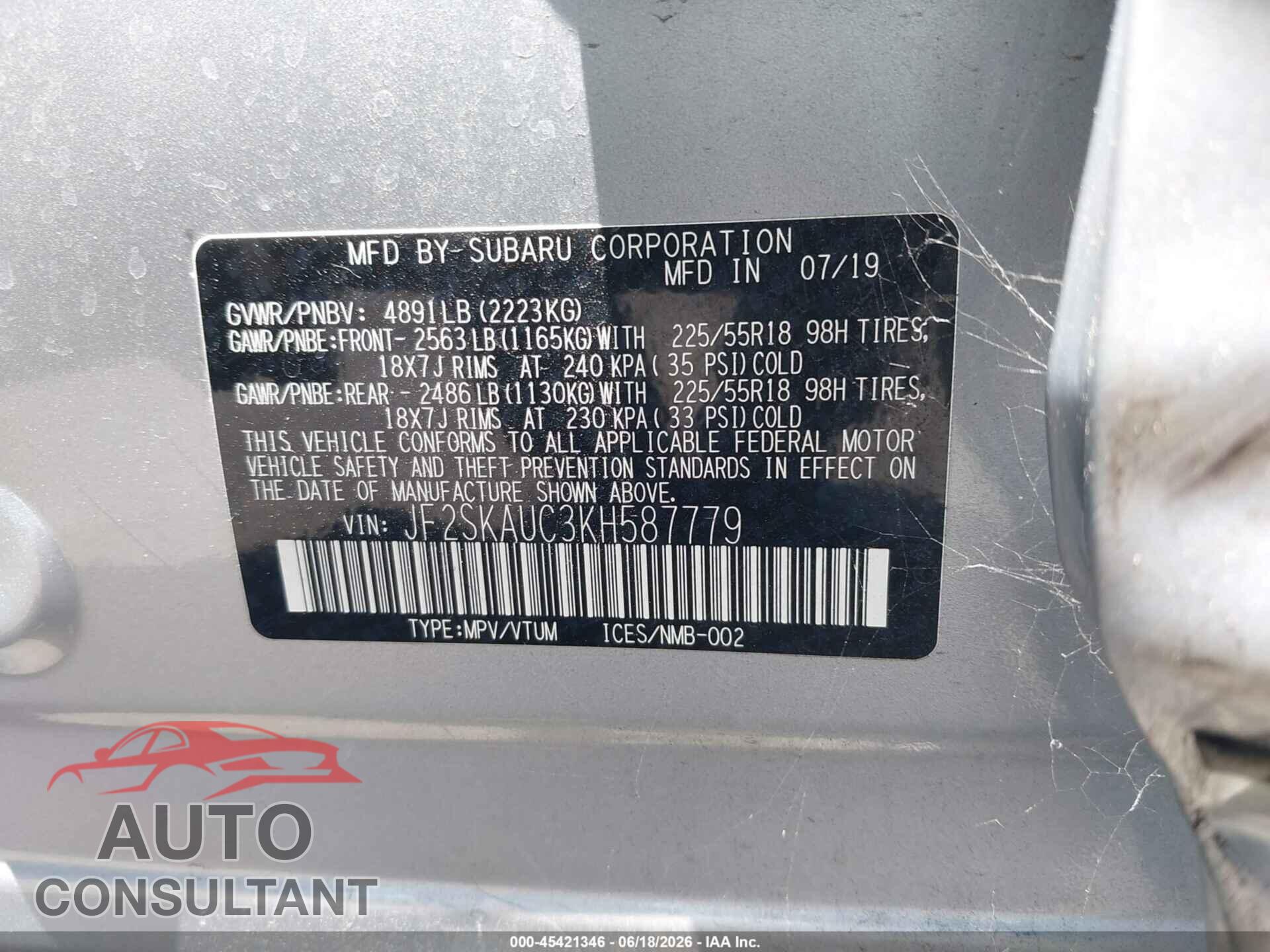 SUBARU FORESTER 2019 - JF2SKAUC3KH587779