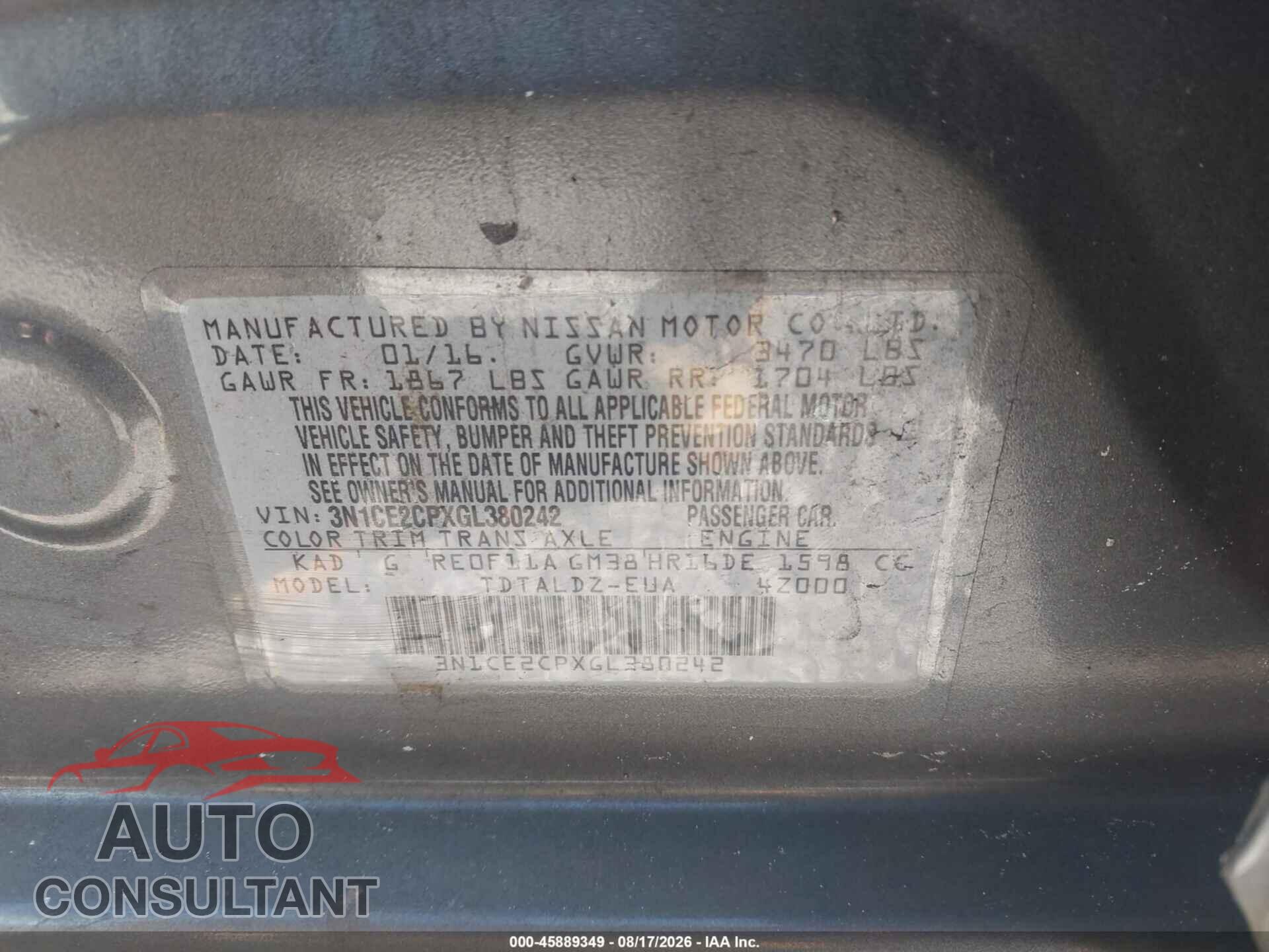 NISSAN VERSA NOTE 2016 - 3N1CE2CPXGL380242