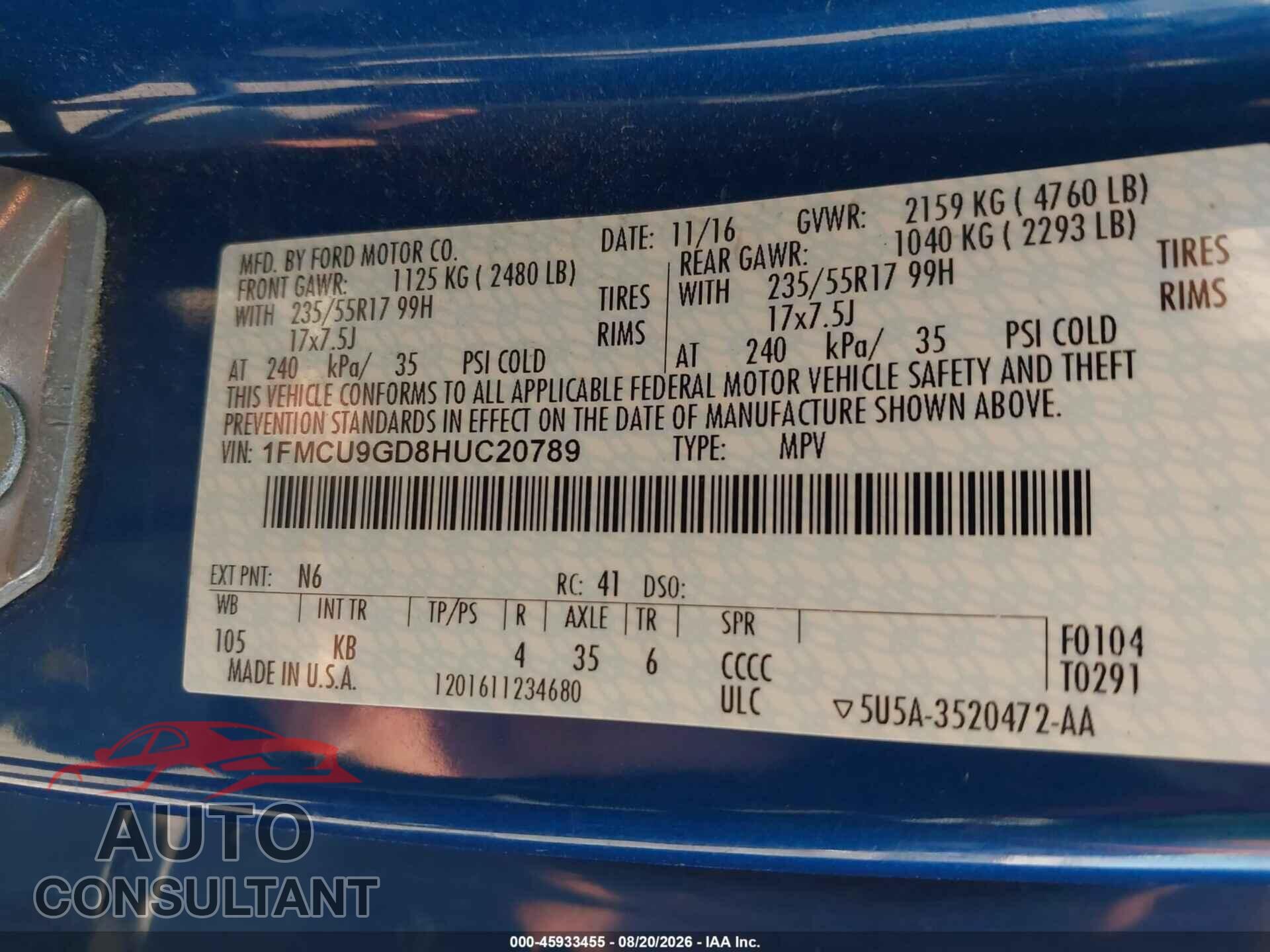 FORD ESCAPE 2017 - 1FMCU9GD8HUC20789