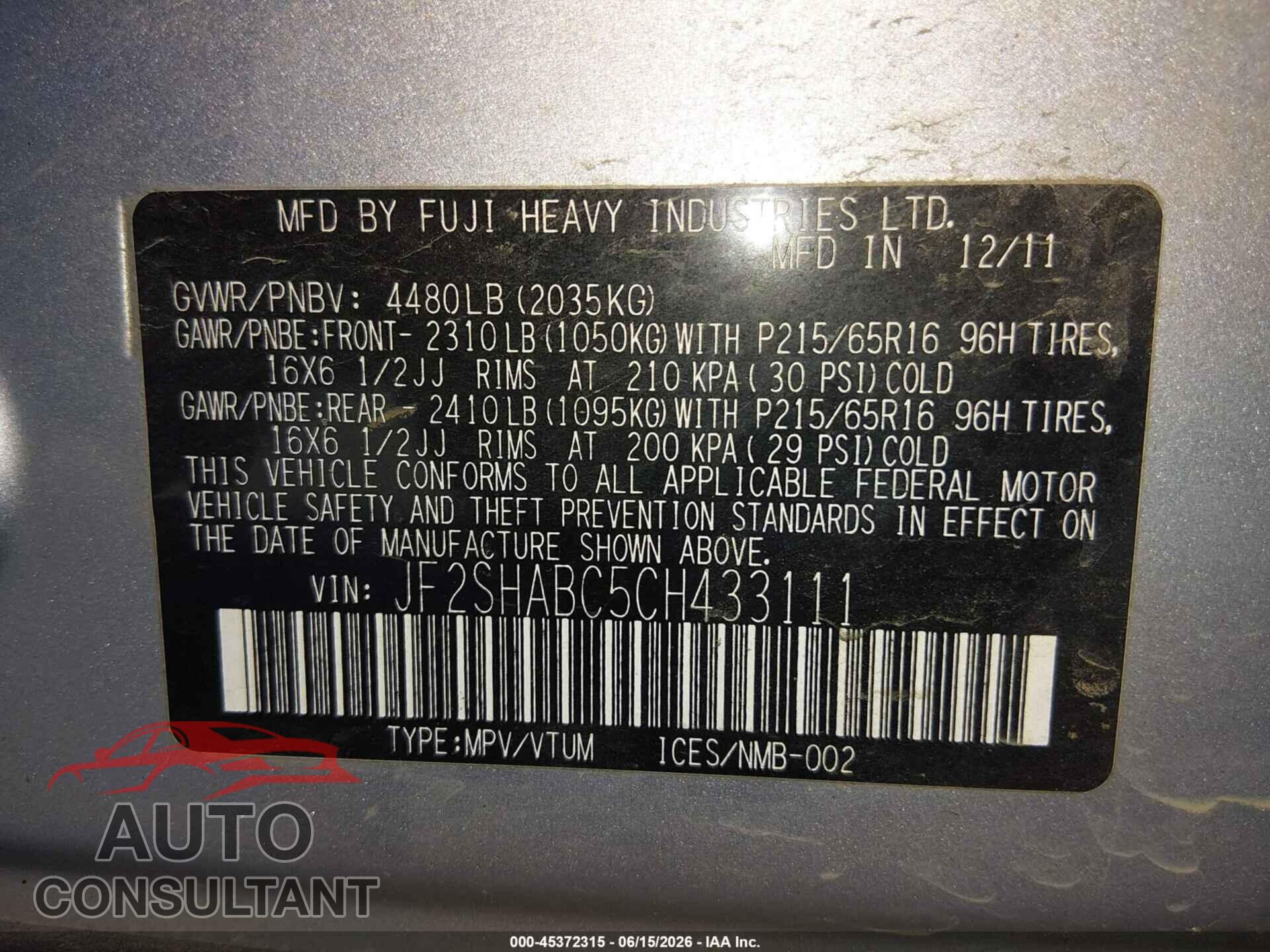 SUBARU FORESTER 2012 - JF2SHABC5CH433111