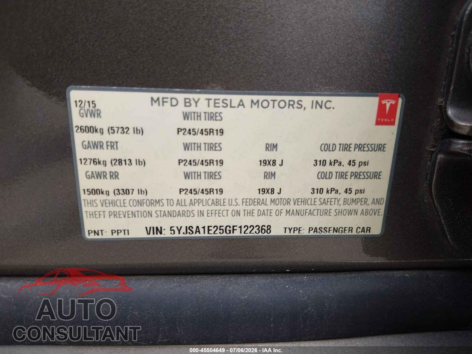 TESLA MODEL S 2016 - 5YJSA1E25GF122368