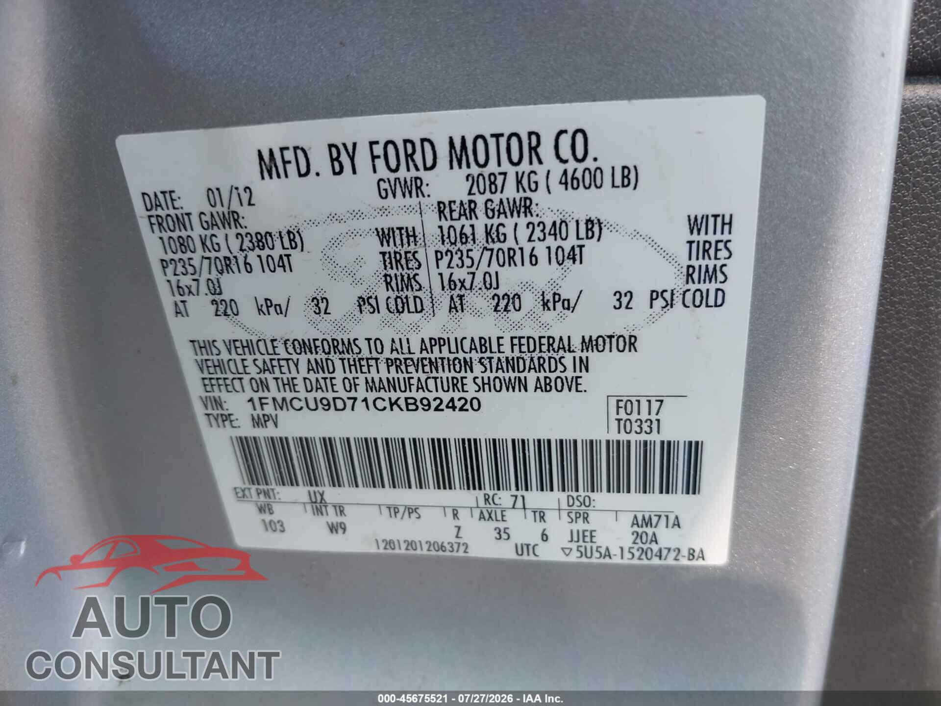 FORD ESCAPE 2012 - 1FMCU9D71CKB92420